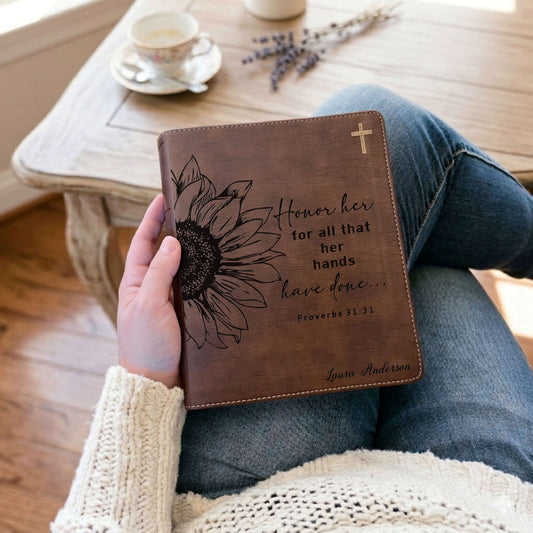 Personalized NIV Journaling Bible, Wide Margin Red Letter Edition, Sunflower Design, Custom Engraved with Name, Christian Gift for Women - Aylev