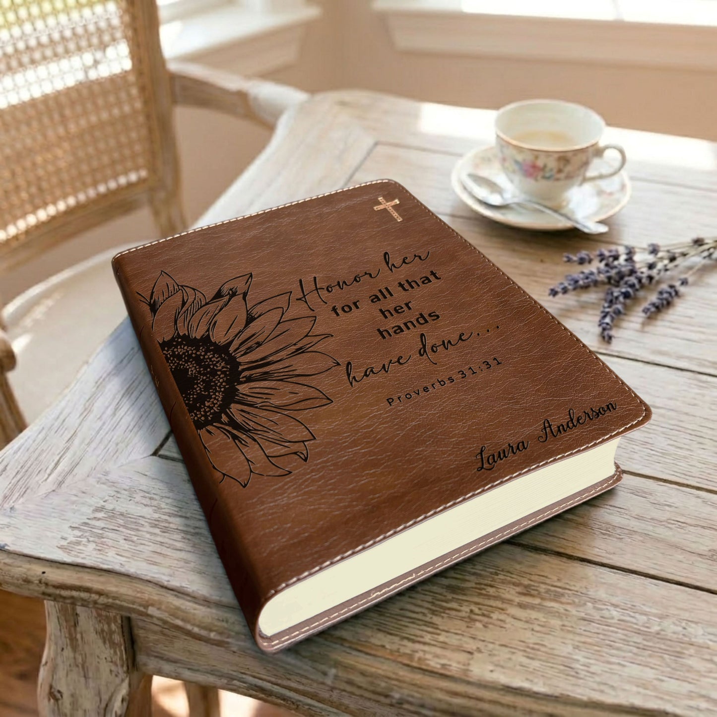 Personalized NIV Journaling Bible, Wide Margin Red Letter Edition, Sunflower Design, Custom Engraved with Name, Christian Gift for Women - Aylev