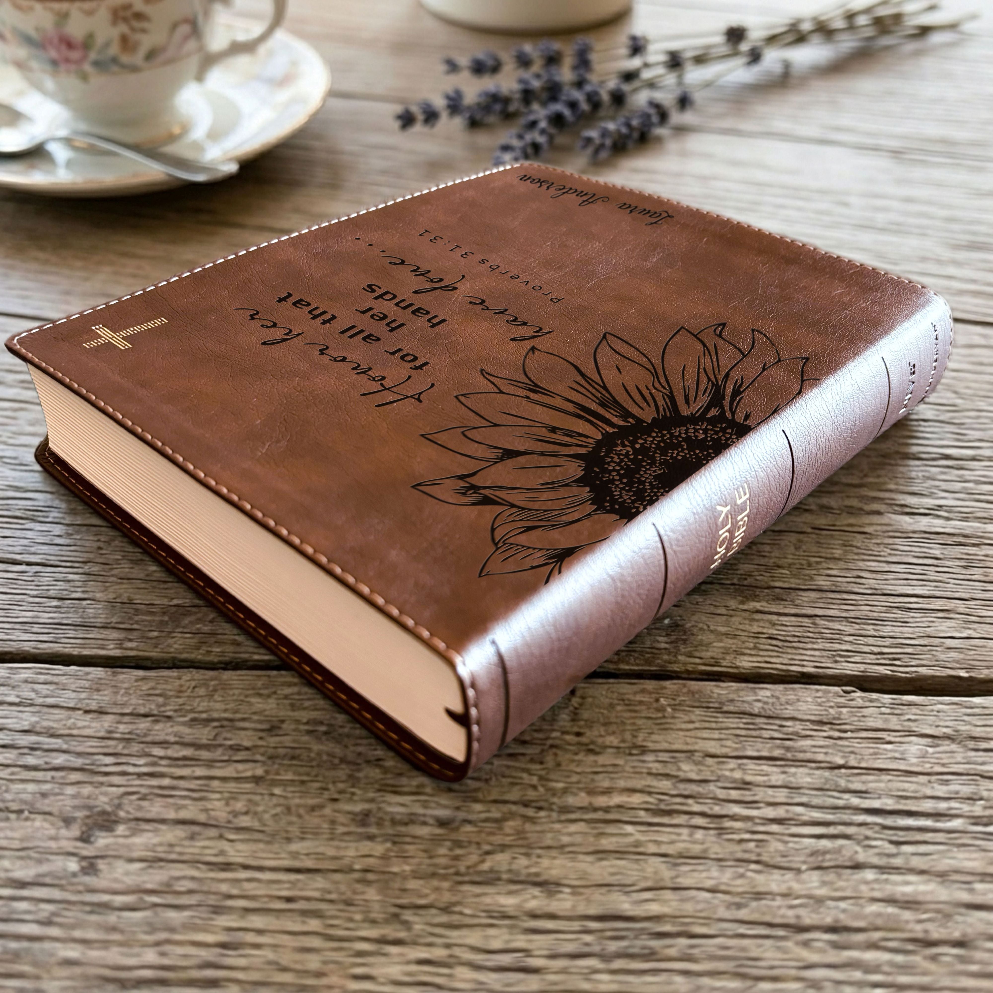 Personalized NIV Journaling Bible, Wide Margin Red Letter Edition, Sunflower Design, Custom Engraved with Name, Christian Gift for Women - Aylev