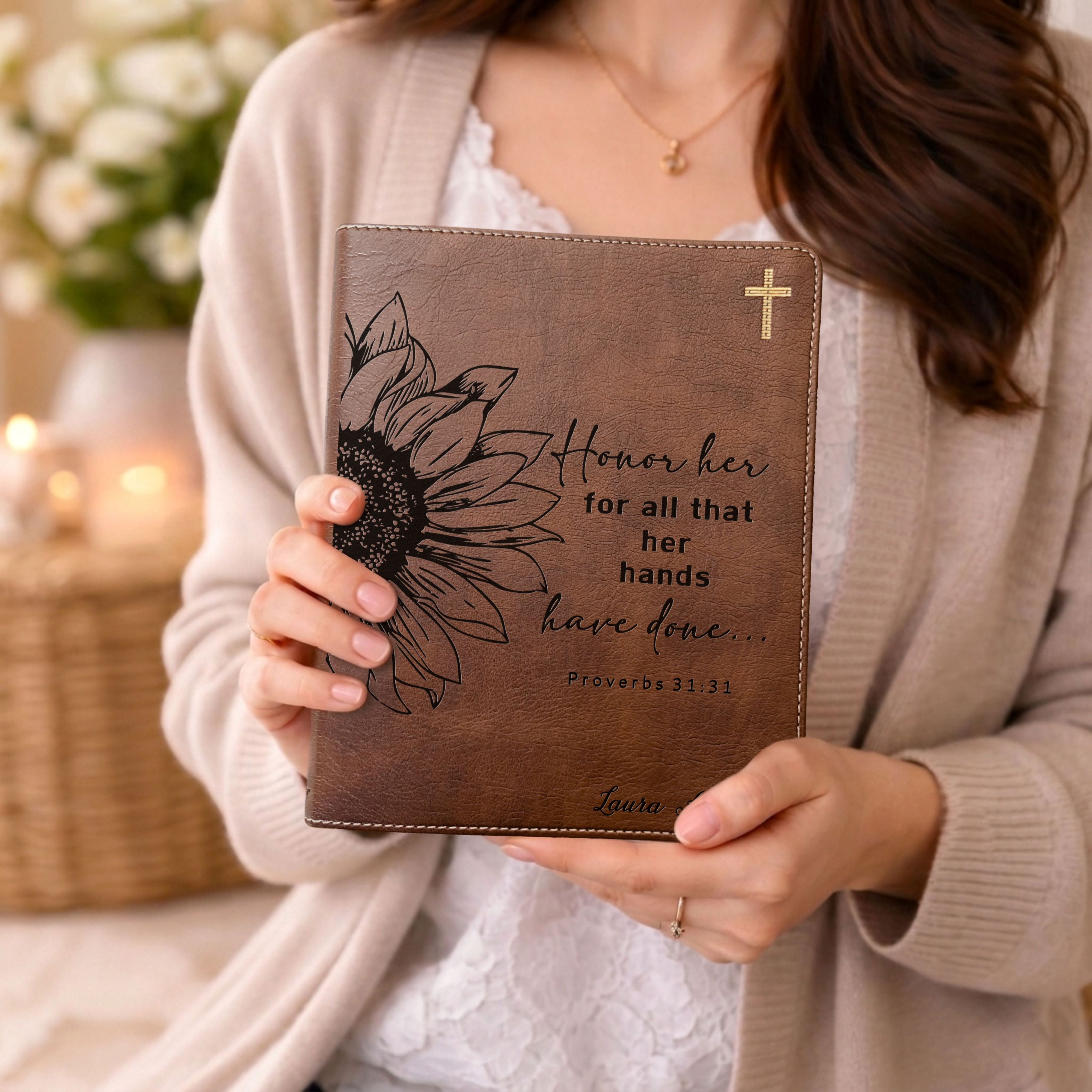 Personalized NIV Journaling Bible, Wide Margin Red Letter Edition, Sunflower Design, Custom Engraved with Name, Christian Gift for Women - Aylev