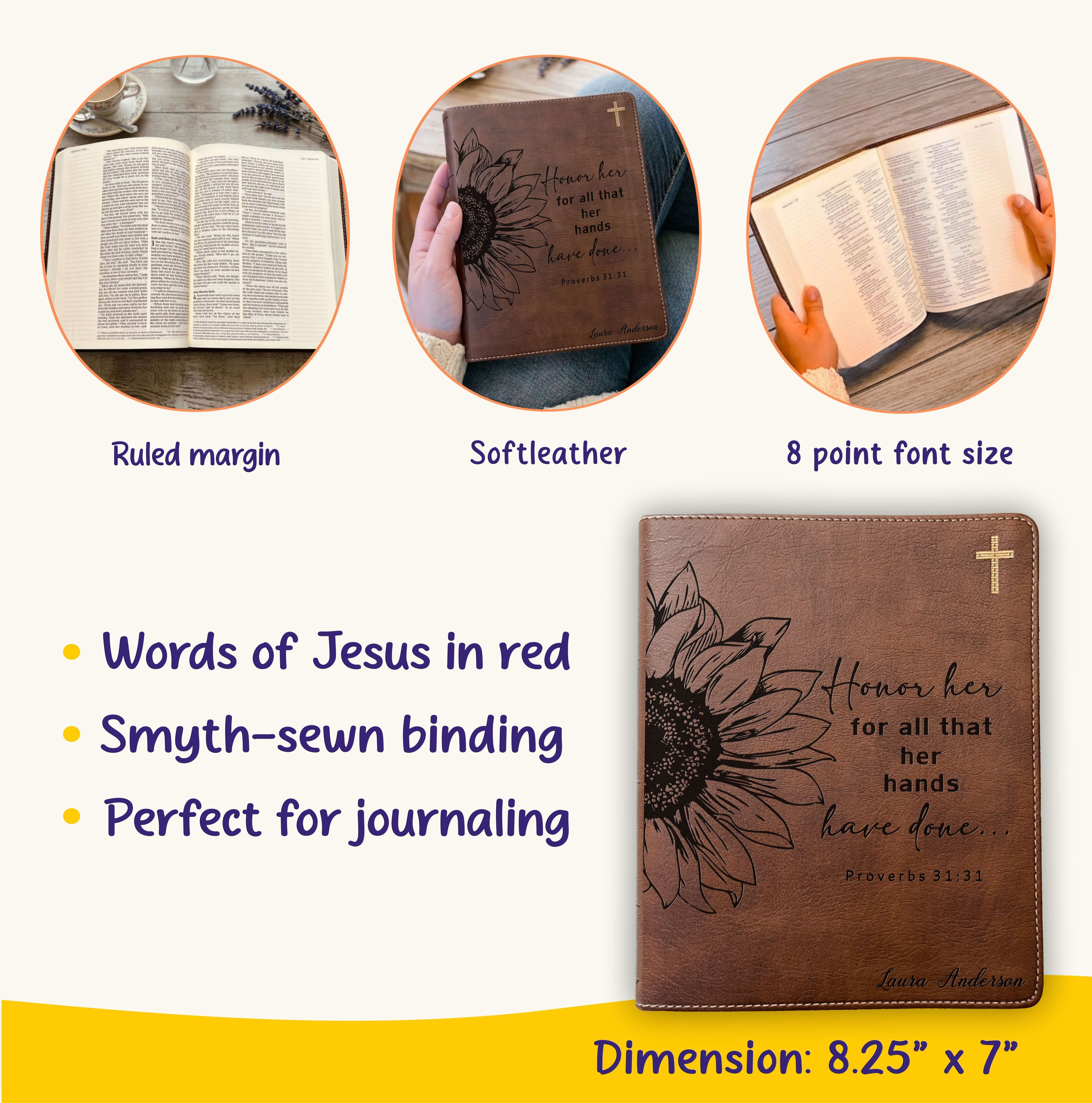Personalized NIV Journaling Bible, Wide Margin Red Letter Edition, Sunflower Design, Custom Engraved with Name, Christian Gift for Women - Aylev