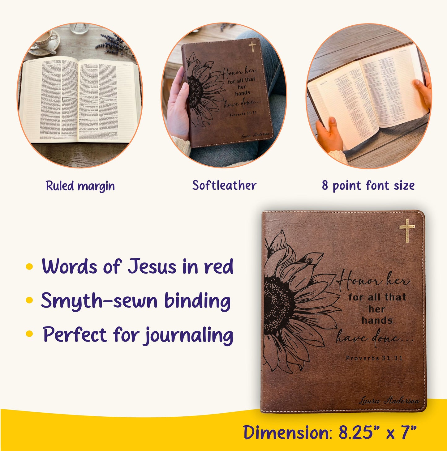 Personalized NIV Journaling Bible, Wide Margin Red Letter Edition, Sunflower Design, Custom Engraved with Name, Christian Gift for Women - Aylev