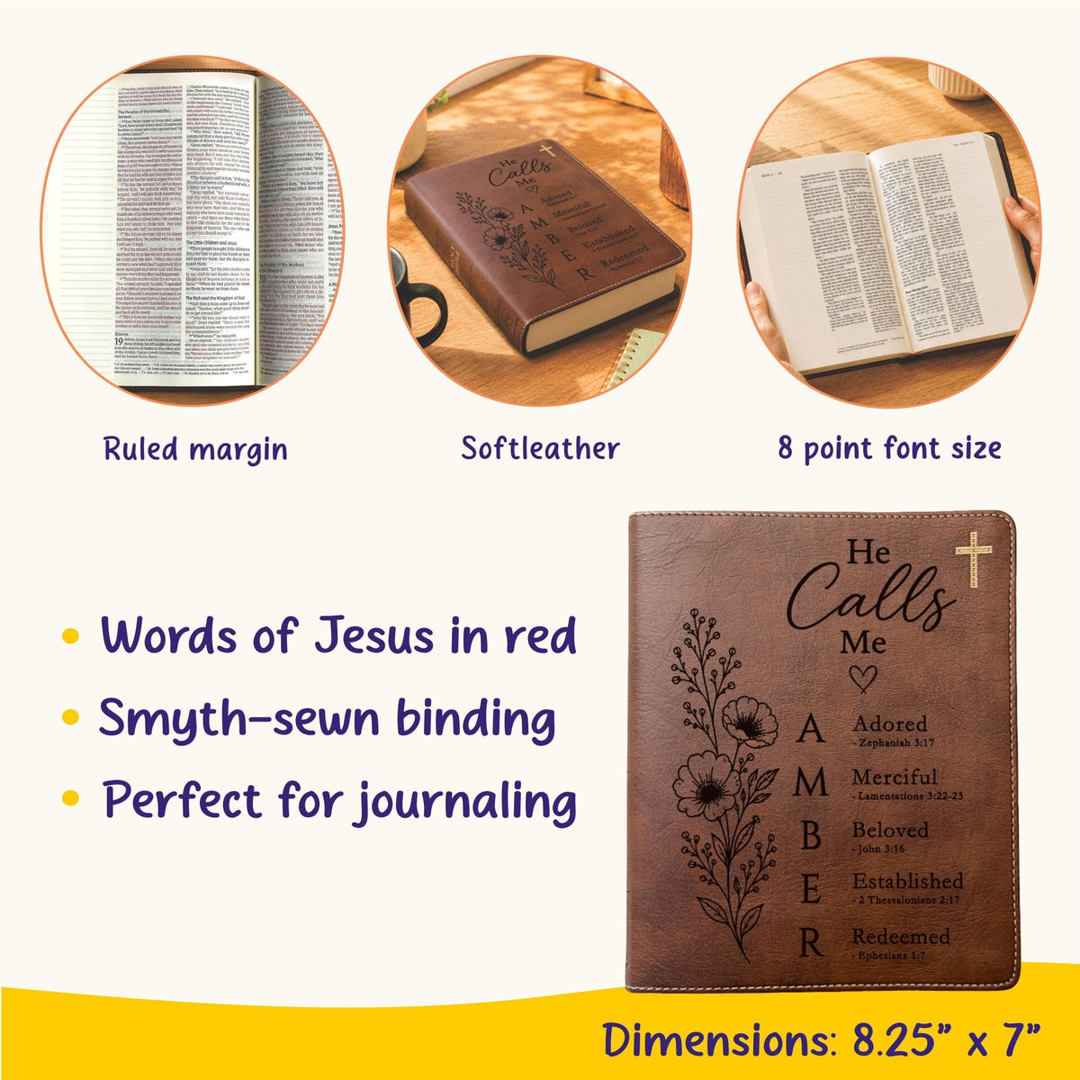 Personalized NIV Journaling Bible, Red Letter, Custom Engraved Acrostic Name with Verse Reference, He Calls Me Floral Design, Gift for Her - Religious Books - Aylev