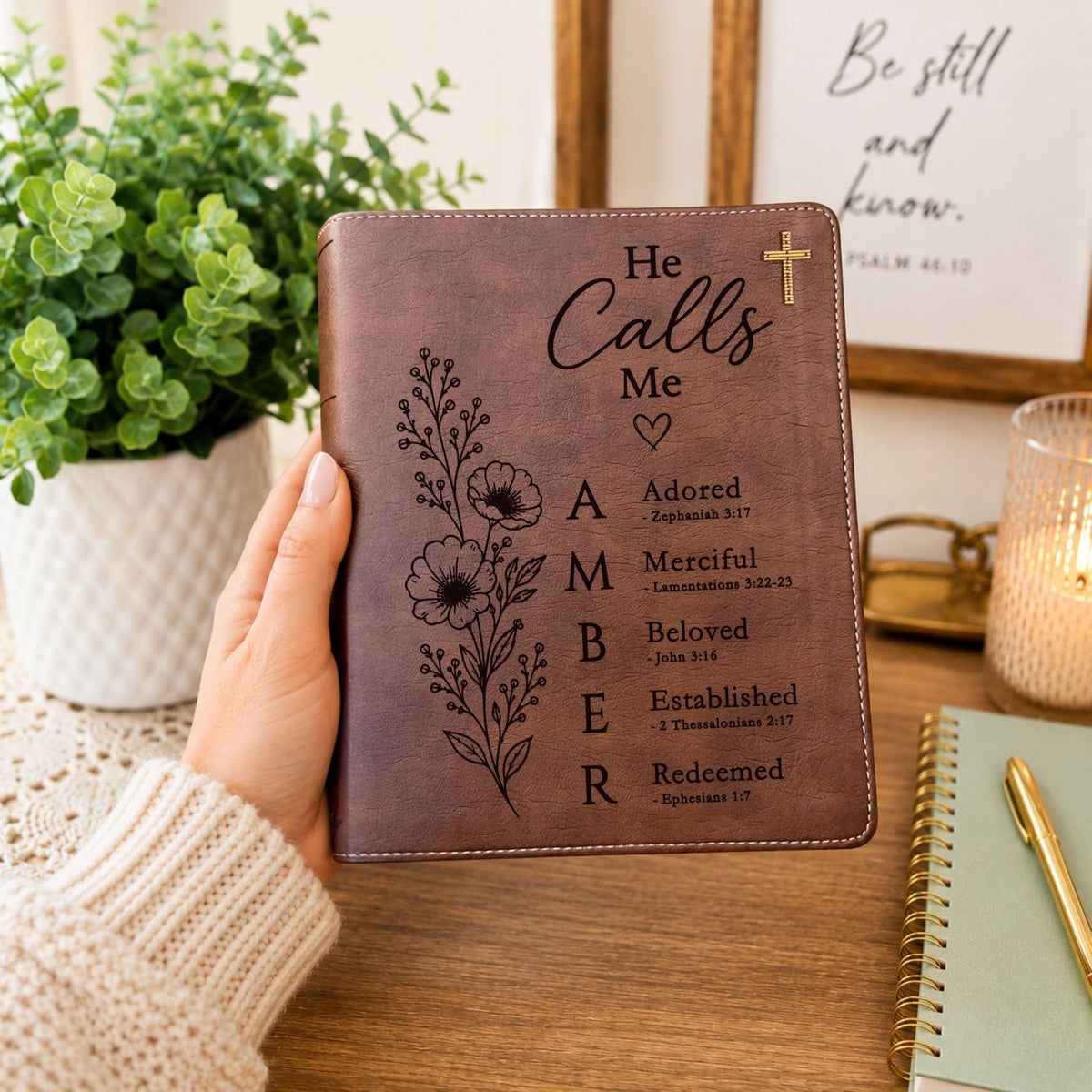 Personalized NIV Journaling Bible, Red Letter, Custom Engraved Acrostic Name with Verse Reference, He Calls Me Floral Design, Gift for Her - Religious Books - Aylev