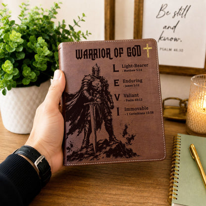Personalized NIV Journaling Bible, Red Letter, Custom Engraved Acrostic Name with Verse Reference, Warrior of God Design, Gift for Him - Religious Books - Aylev