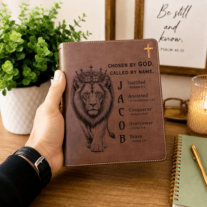 Personalized NIV Journaling Bible, Red Letter, Custom Engraved Acrostic Name with Verse Reference, Lion Design, Christian Gift for Him - Religious Books - Aylev