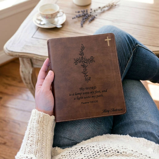 Personalized NIV Journaling Bible, Red Letter Edition, Floral Cross Design, Custom Engraved Name, Christian Gift for Women, Baptism Gift - Aylev