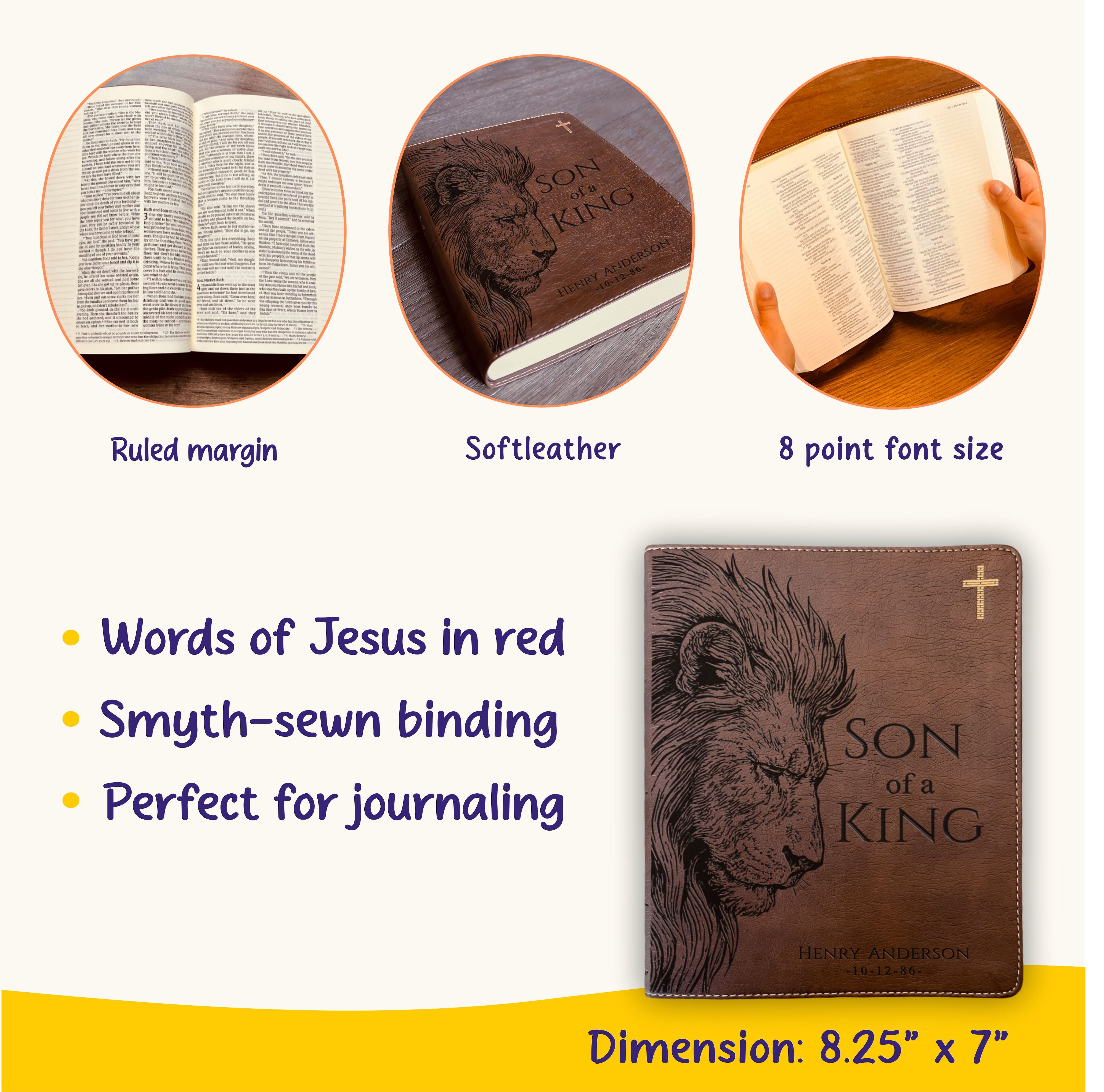 Personalized NIV Journaling Bible, Son of a King Lion Design, Custom Engraved Name, Christian Gift, Baptism Gift, Bible Gift for Him - Aylev