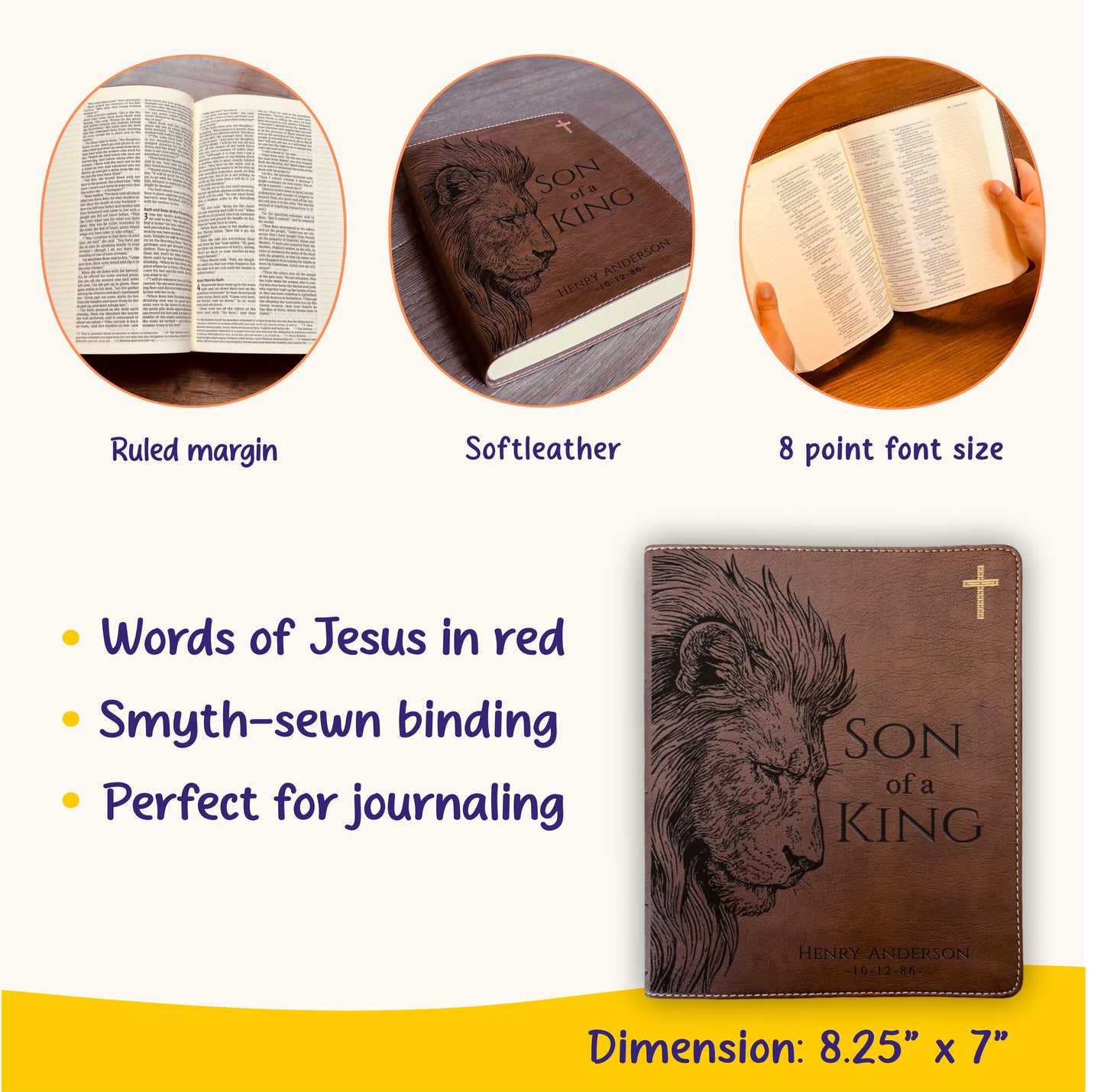 Personalized NIV Journaling Bible, Son of a King Lion Design, Custom Engraved Name, Christian Gift, Baptism Gift, Bible Gift for Him - Aylev