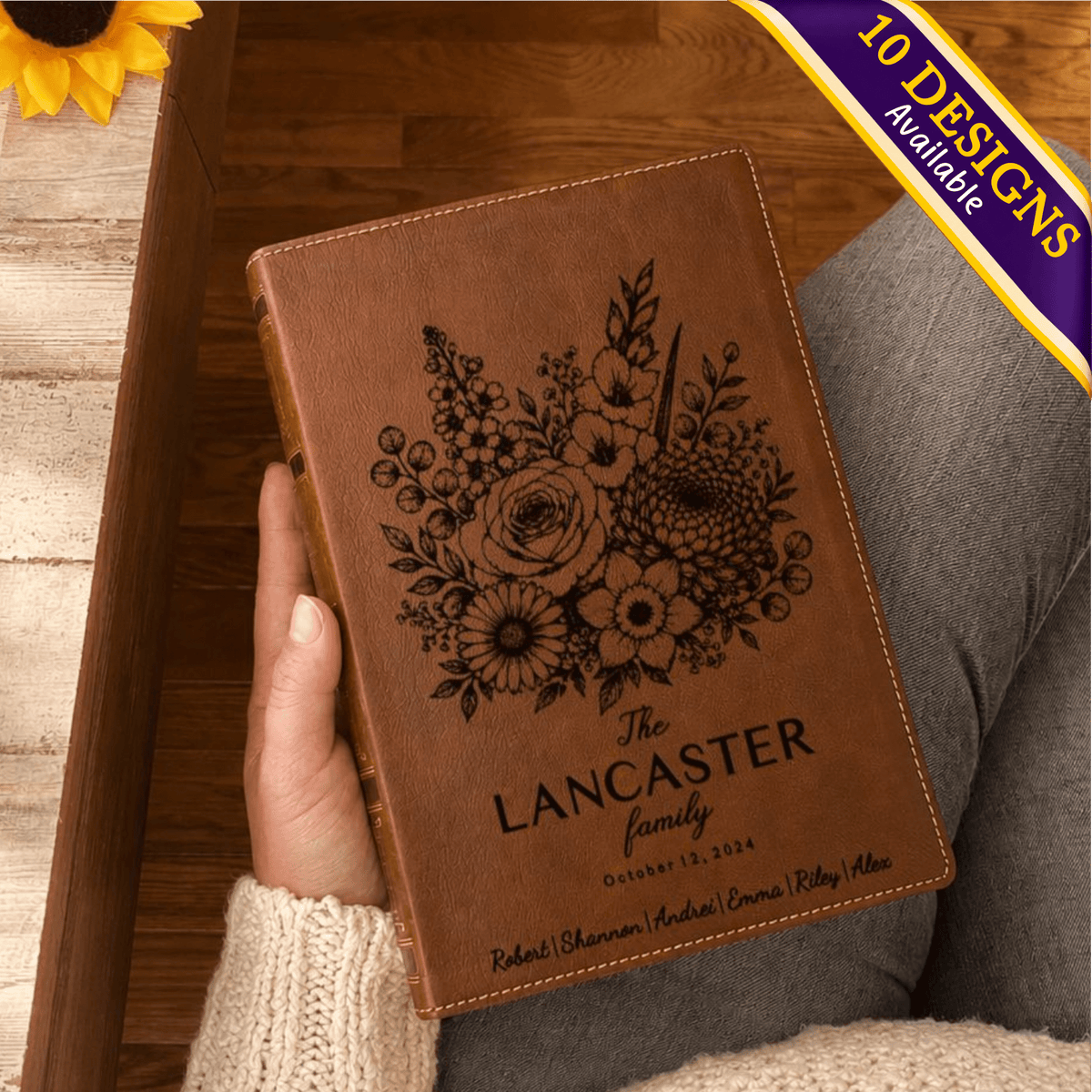 Personalized NKJV Family Bible, Custom Engraved Name, Birth Month Flower Bouquet, NKJV Wide-Margin Red Letter Bible, Wedding Christian Gift - Religious Books - Aylev