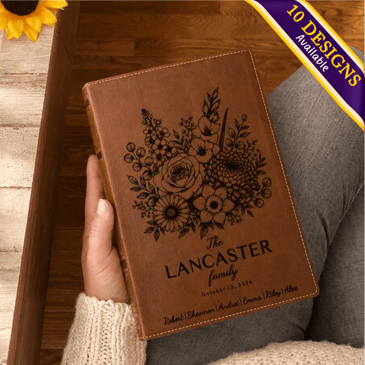 Personalized NKJV Family Bible, Custom Engraved Name, Birth Month Flower Bouquet, NKJV Wide-Margin Red Letter Bible, Wedding Christian Gift - Religious Books - Aylev