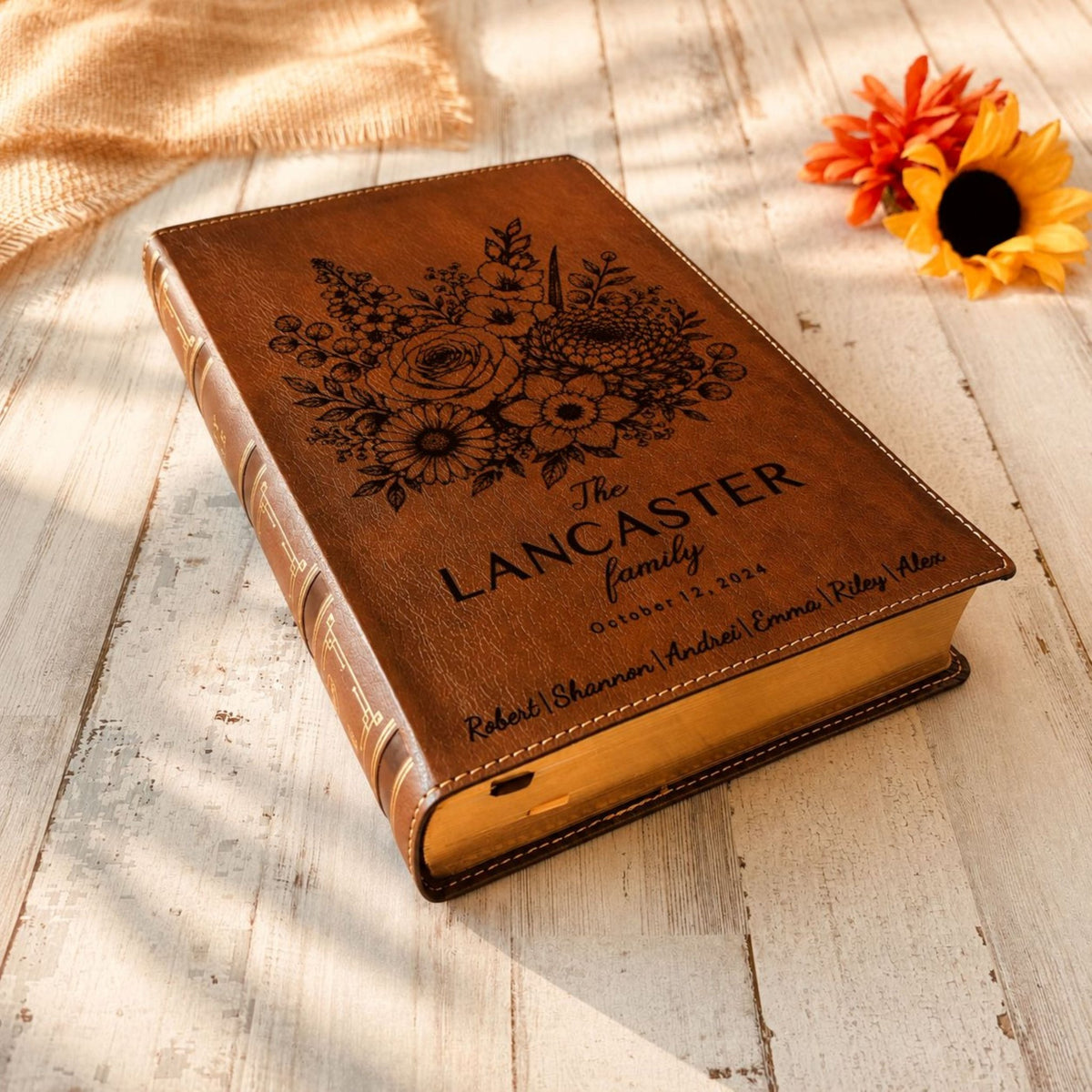 Personalized NKJV Family Bible, Custom Engraved Name, Birth Month Flower Bouquet, NKJV Wide-Margin Red Letter Bible, Wedding Christian Gift - Religious Books - Aylev