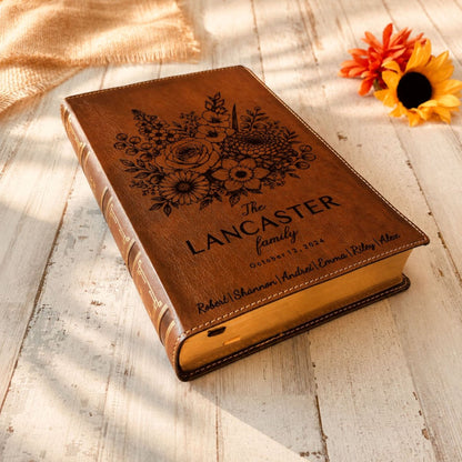 Personalized NKJV Family Bible, Custom Engraved Name, Birth Month Flower Bouquet, NKJV Wide-Margin Red Letter Bible, Wedding Christian Gift - Religious Books - Aylev