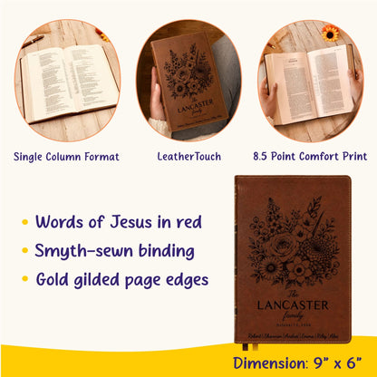 Personalized NKJV Family Bible, Custom Engraved Name, Birth Month Flower Bouquet, NKJV Wide-Margin Red Letter Bible, Wedding Christian Gift - Religious Books - Aylev