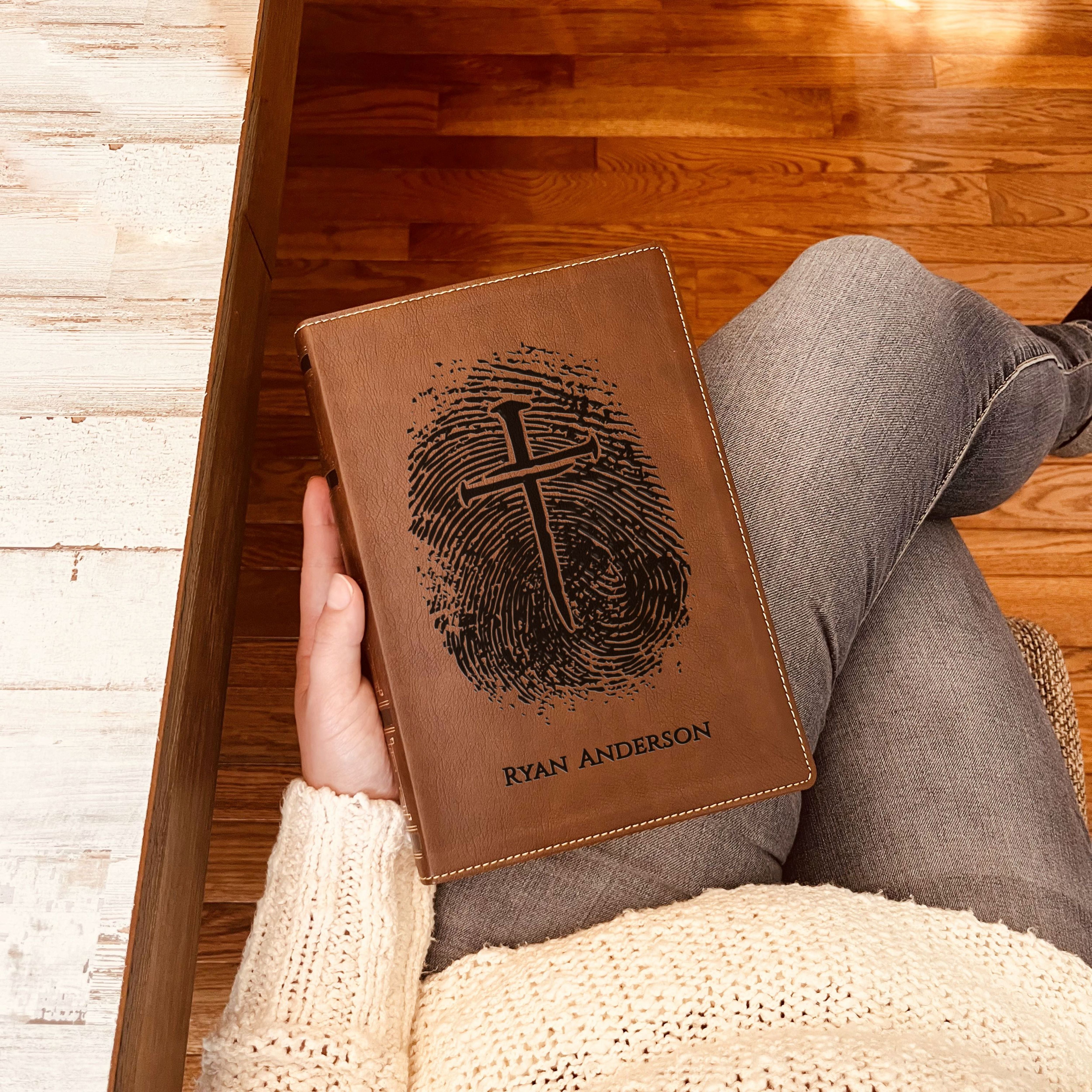 Personalized NKJV Bible, Custom Fingerprint & Cross Design with Name Engraved, Wide-Margin Bible, Gifts for Baptism, Wedding, Confirmation - Aylev