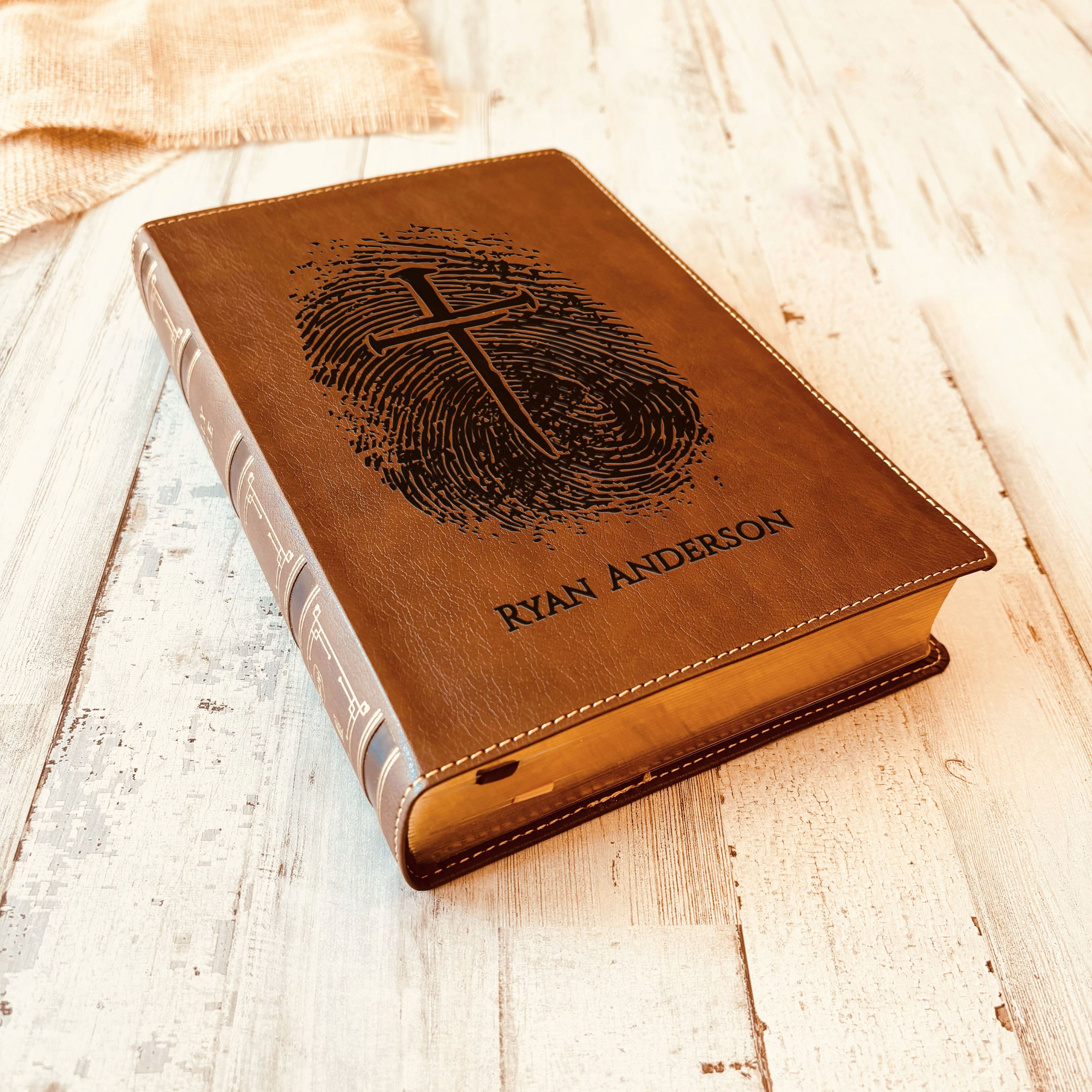 Personalized NKJV Bible, Custom Fingerprint & Cross Design with Name Engraved, Wide-Margin Bible, Gifts for Baptism, Wedding, Confirmation - Aylev