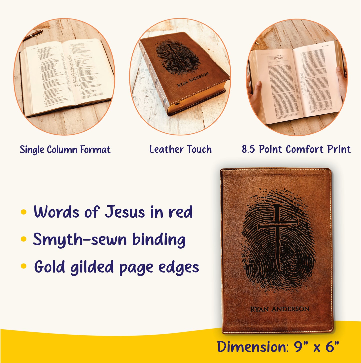 Personalized NKJV Bible, Custom Fingerprint & Cross Design with Name Engraved, Wide-Margin Bible, Gifts for Baptism, Wedding, Confirmation - Aylev