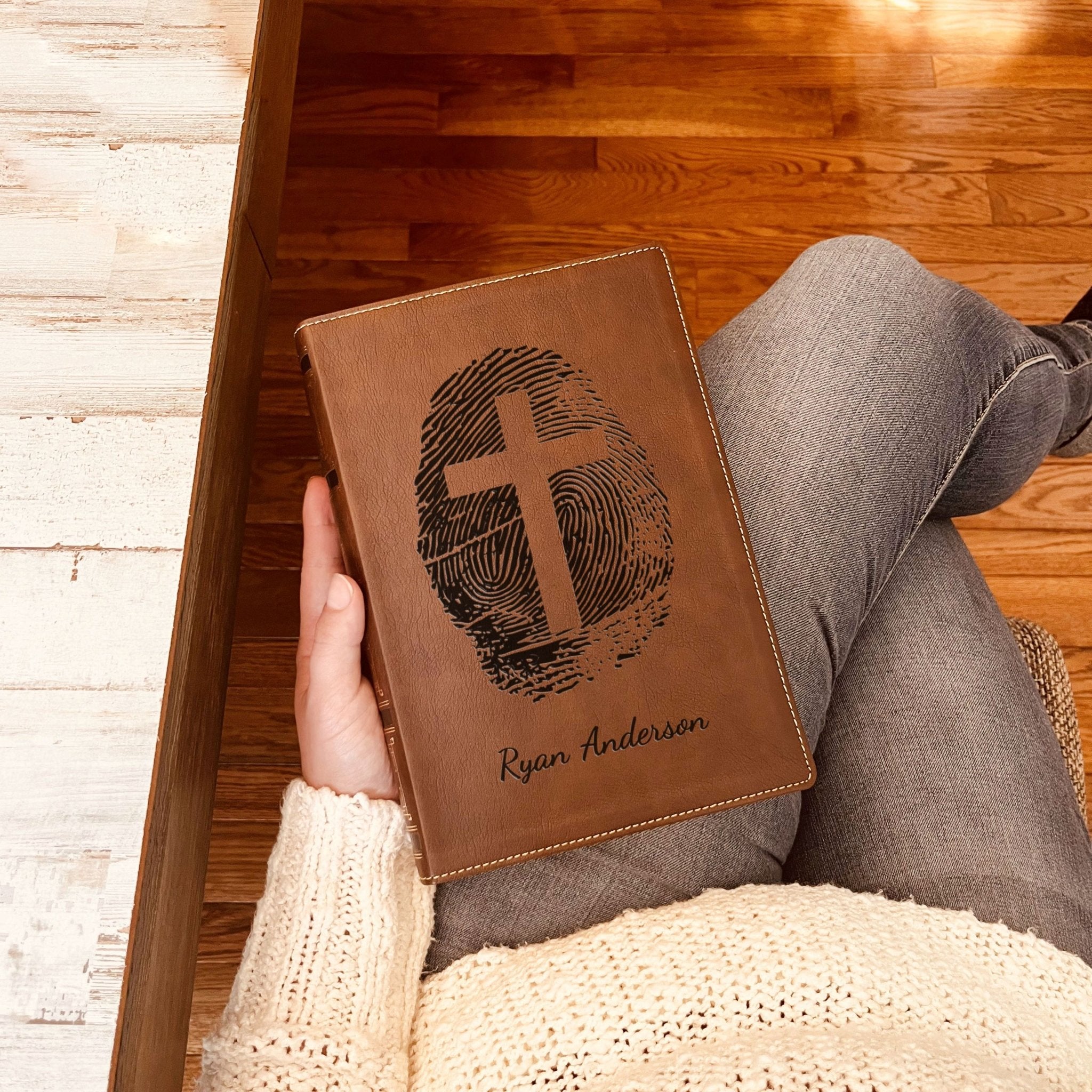 Personalized NKJV Bible, Custom Fingerprint & Cross Design with Name Engraved, Wide - Margin Bible, Gifts for Baptism, Wedding, Confirmation - Religious Books - Aylev
