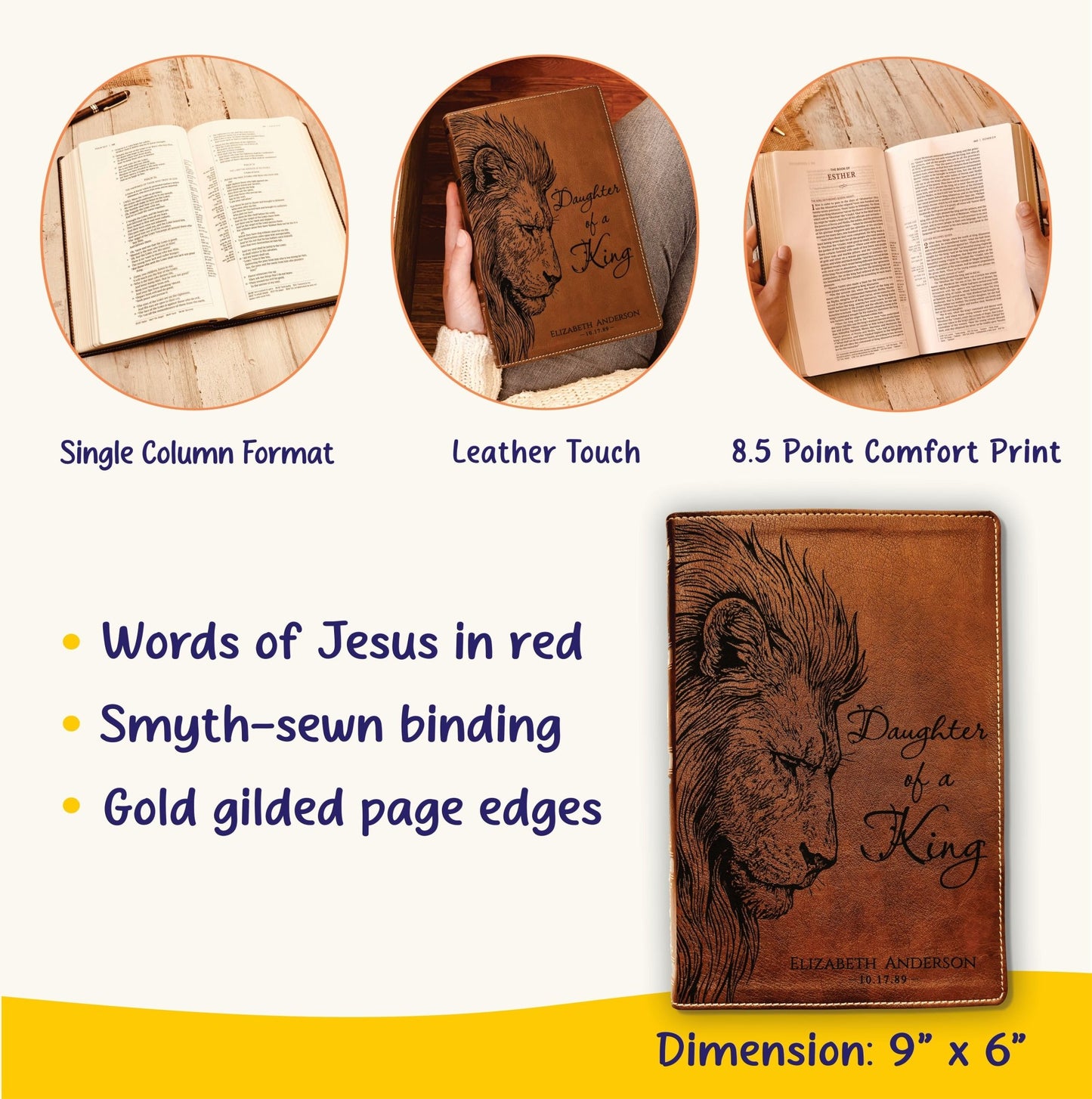 Personalized NKJV Wide - Margin Bible, Custom Engraved Name, Daughter of a King Lion Design, Christian Gift, Baptism Gift, Bible Gift for Her - Religious Books - Aylev