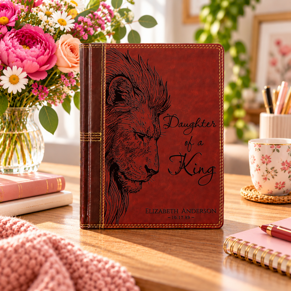 Personalized NASB Single Column Reference Bible, Daughter of a King Lion Design, Custom Engraved Name, Christian Baptism Bible Gift for Her - Religious Books - Aylev