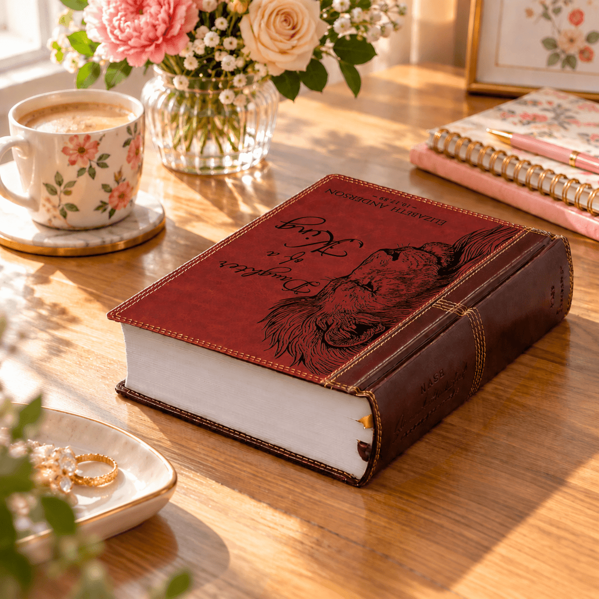 Personalized NASB Single Column Reference Bible, Daughter of a King Lion Design, Custom Engraved Name, Christian Baptism Bible Gift for Her - Religious Books - Aylev