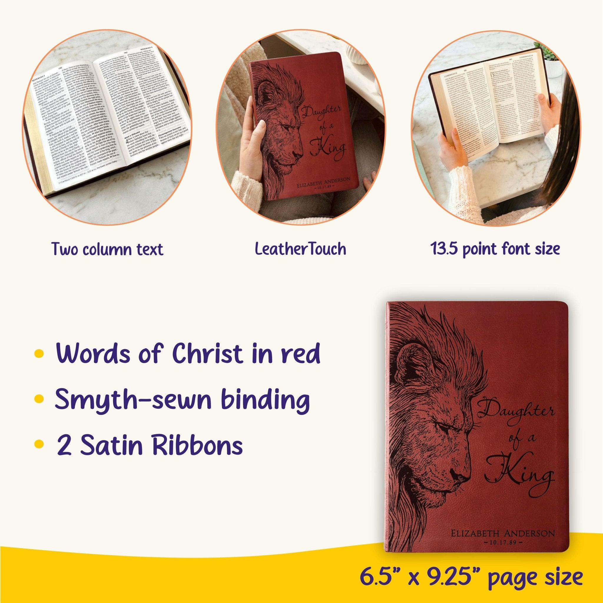 Personalized NASB Giant Print Bible, Daughter of a King Lion Design, Custom Engraved Name, Christian Gift, Baptism Gift, Bible Gift for Her - Religious Books - Aylev