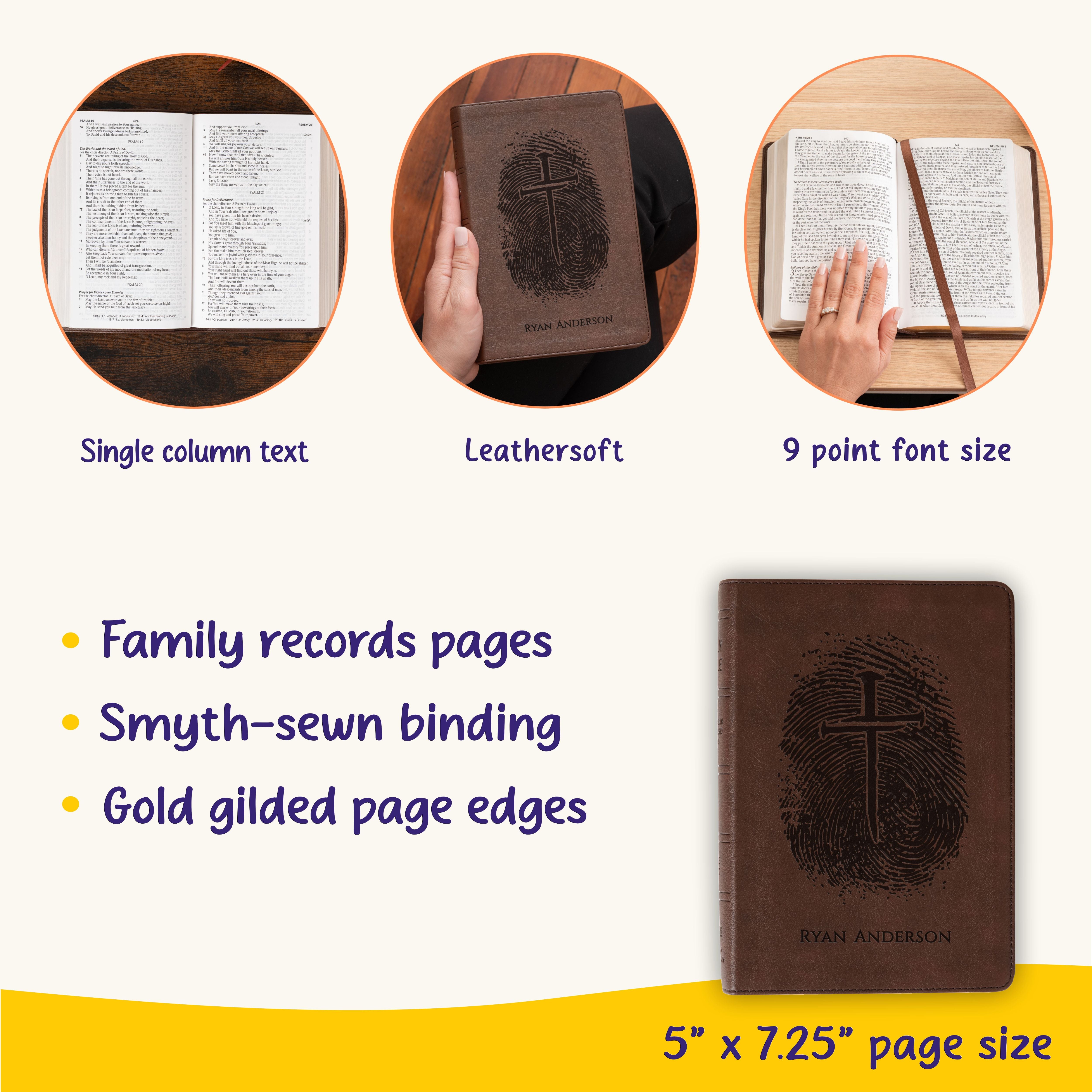 Personalized NASB Bible, Custom Fingerprint & Cross Design with Name Engraved, Large Print Compact, Gift for Baptism, Wedding, Confirmation
