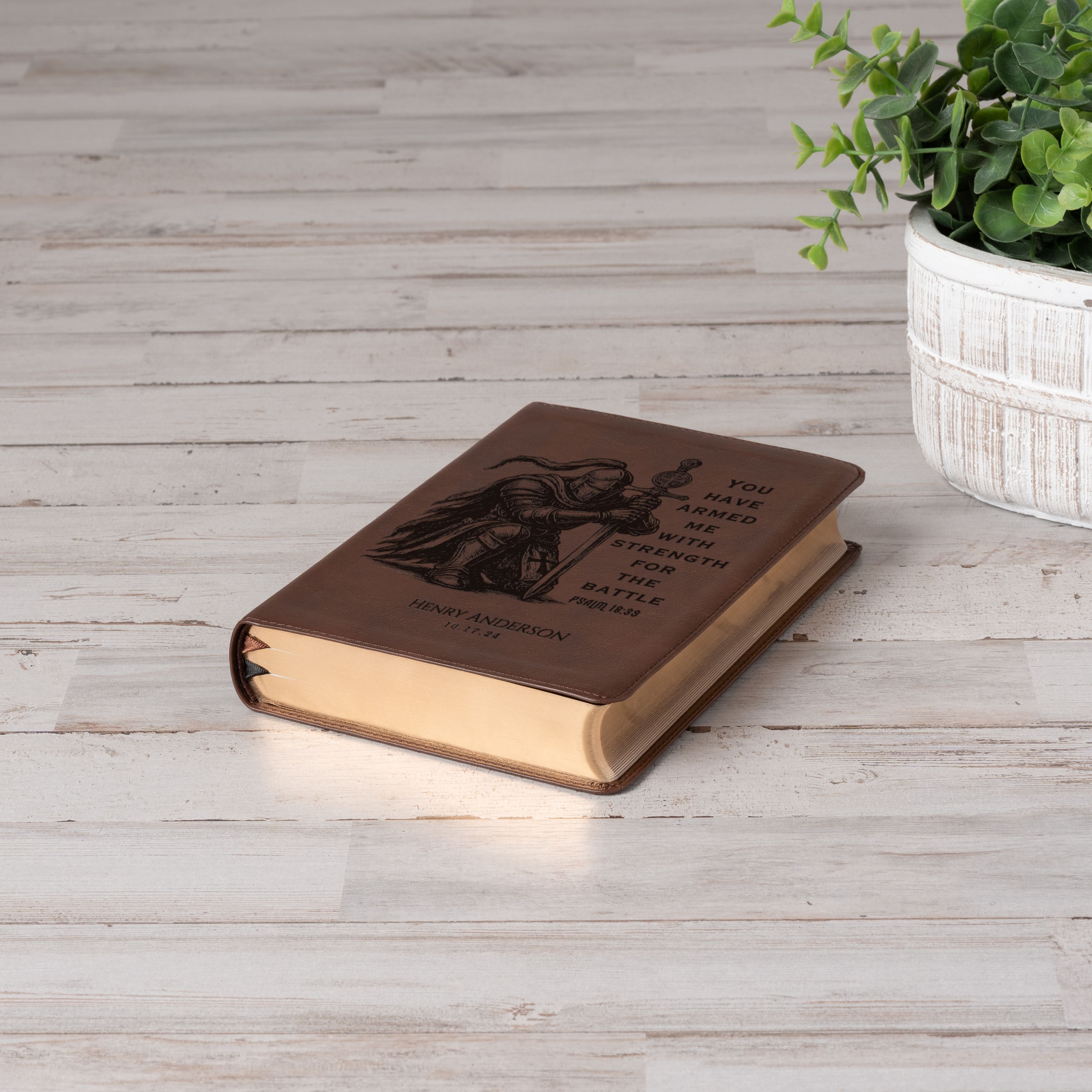 Personalized NASB Wide Margin Bible, Knight Warrior Design, Custom Name Engraved, Christian Gift for Him