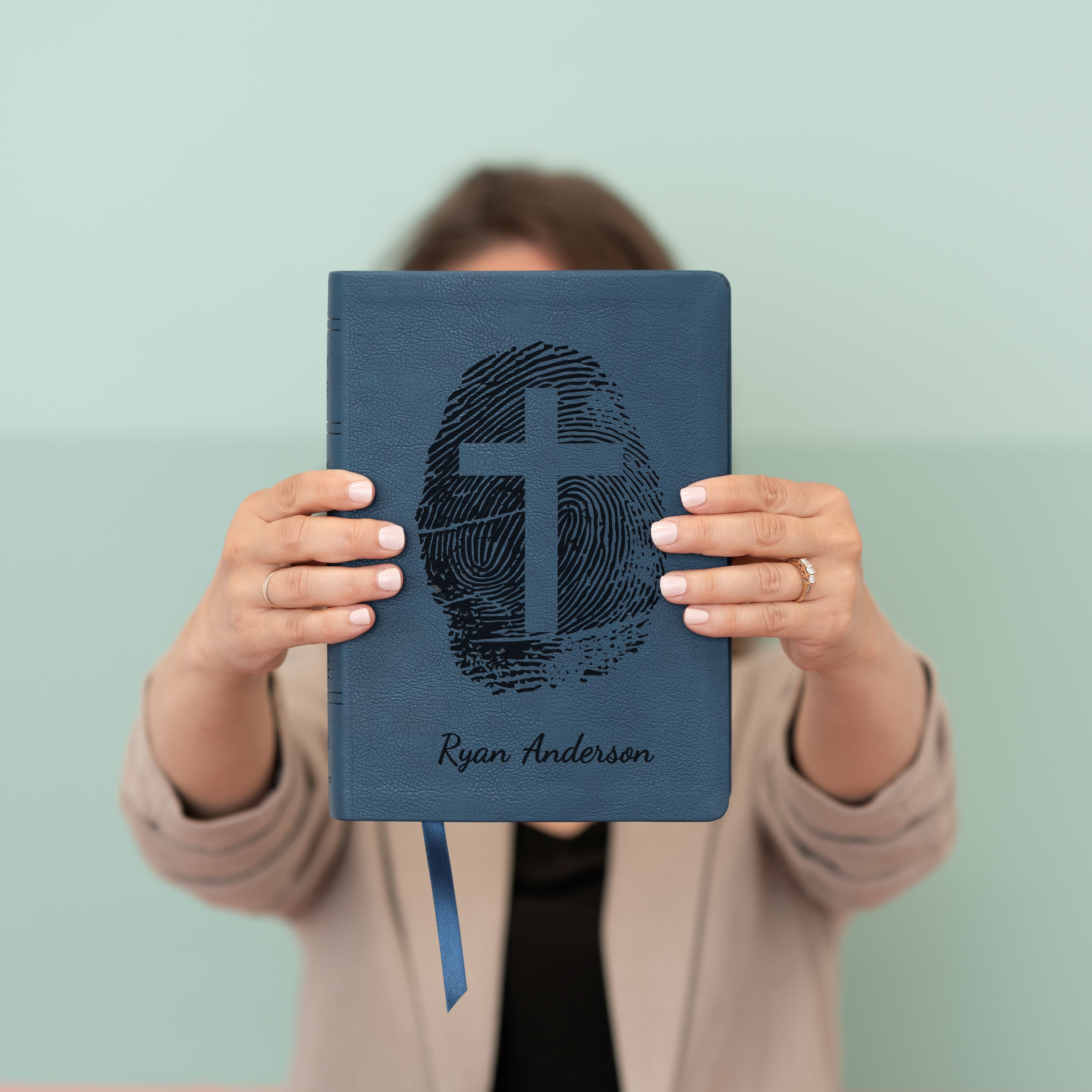 Personalized NASB Bible, Custom Fingerprint & Cross Design with Name Engraved, Wide Margin Bible, Gifts for Baptism, Wedding, Confirmation