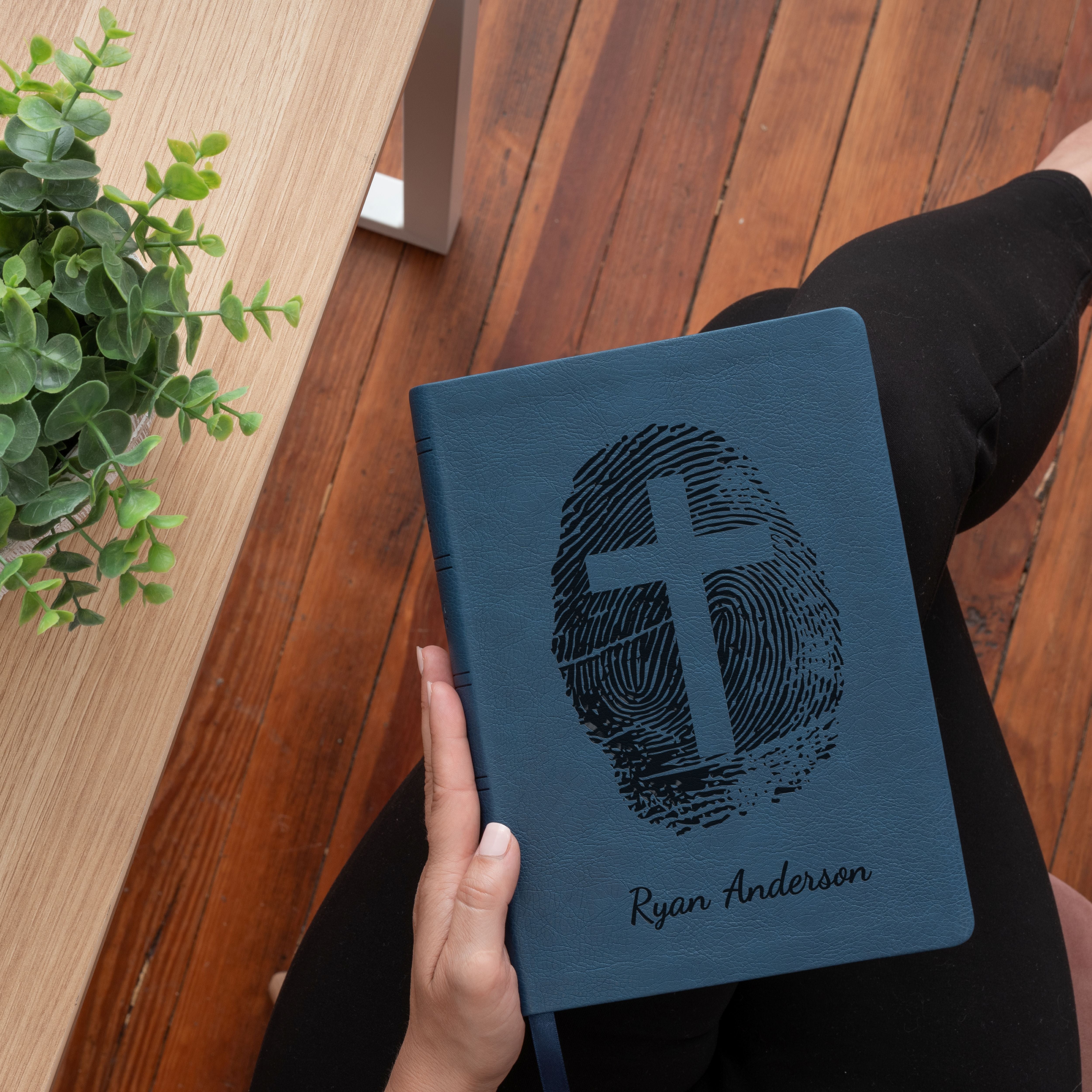 Personalized NASB Bible, Custom Fingerprint & Cross Design with Name Engraved, Wide Margin Bible, Gifts for Baptism, Wedding, Confirmation