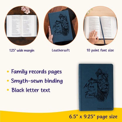 Personalized NASB Wide - Margin Bible, Custom Bible Engraved Name, Man of Faith Lion Design, Christian Gift, Baptism Gift, Bible Gift for Him - Religious Books - Aylev