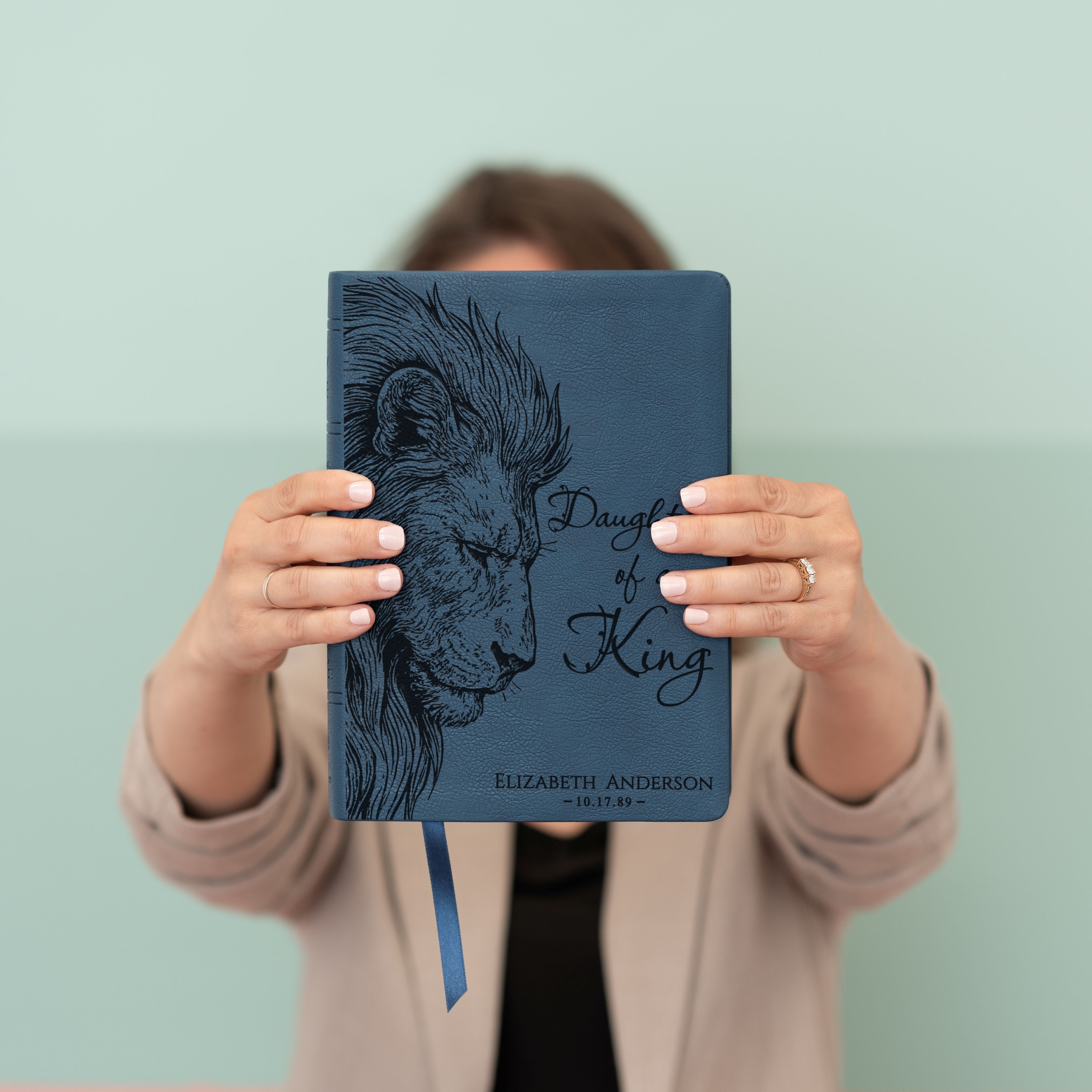 Personalized NASB Wide Margin Bible, Daughter of a King Lion Design, Custom Name Engraved, Christian Gifts for Her