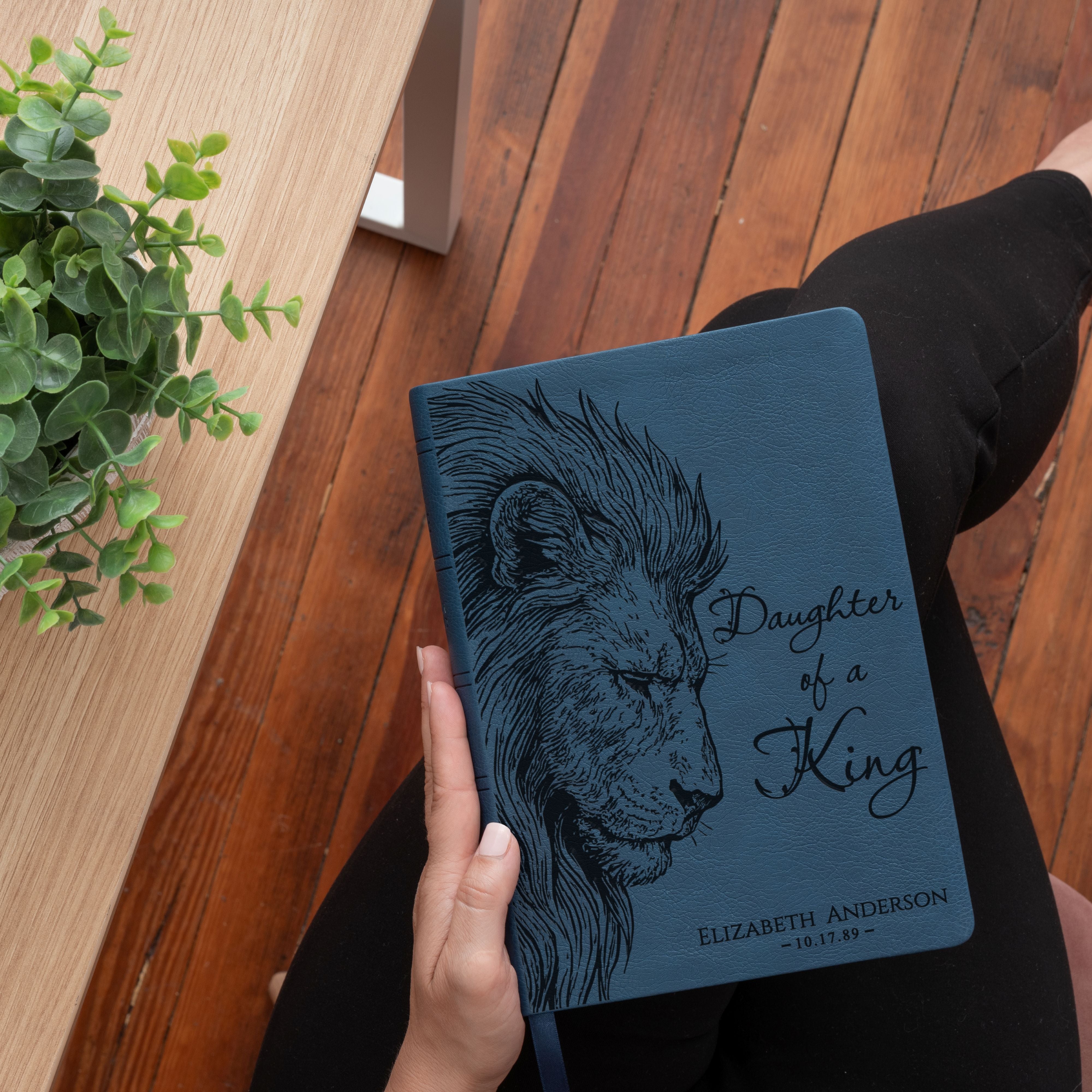 Personalized NASB Wide Margin Bible, Daughter of a King Lion Design, Custom Name Engraved, Christian Gifts for Her