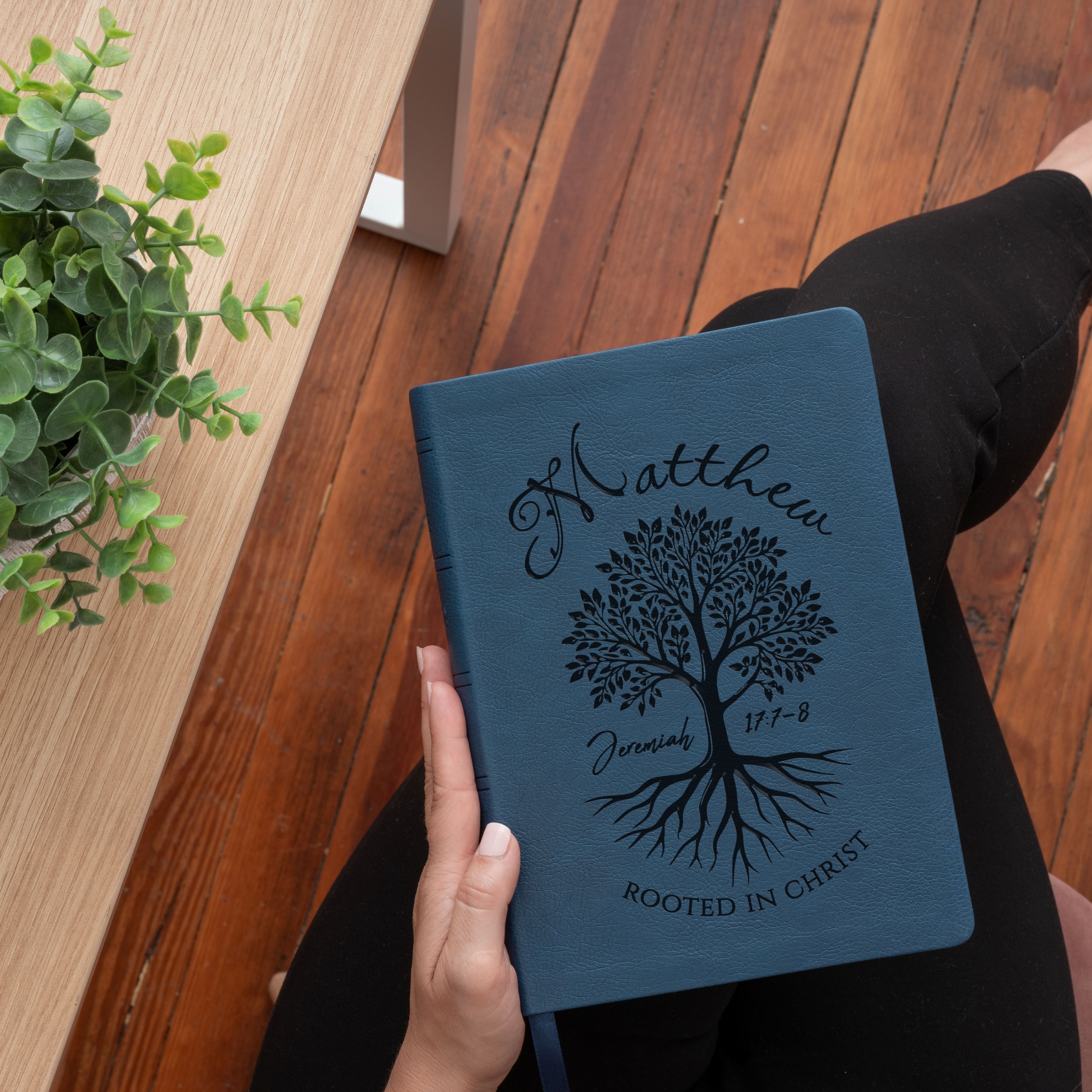 Personalized NASB Wide-Margin Bible, Rooted in Christ Tree Design, Custom Engraved Name, Christian Gifts