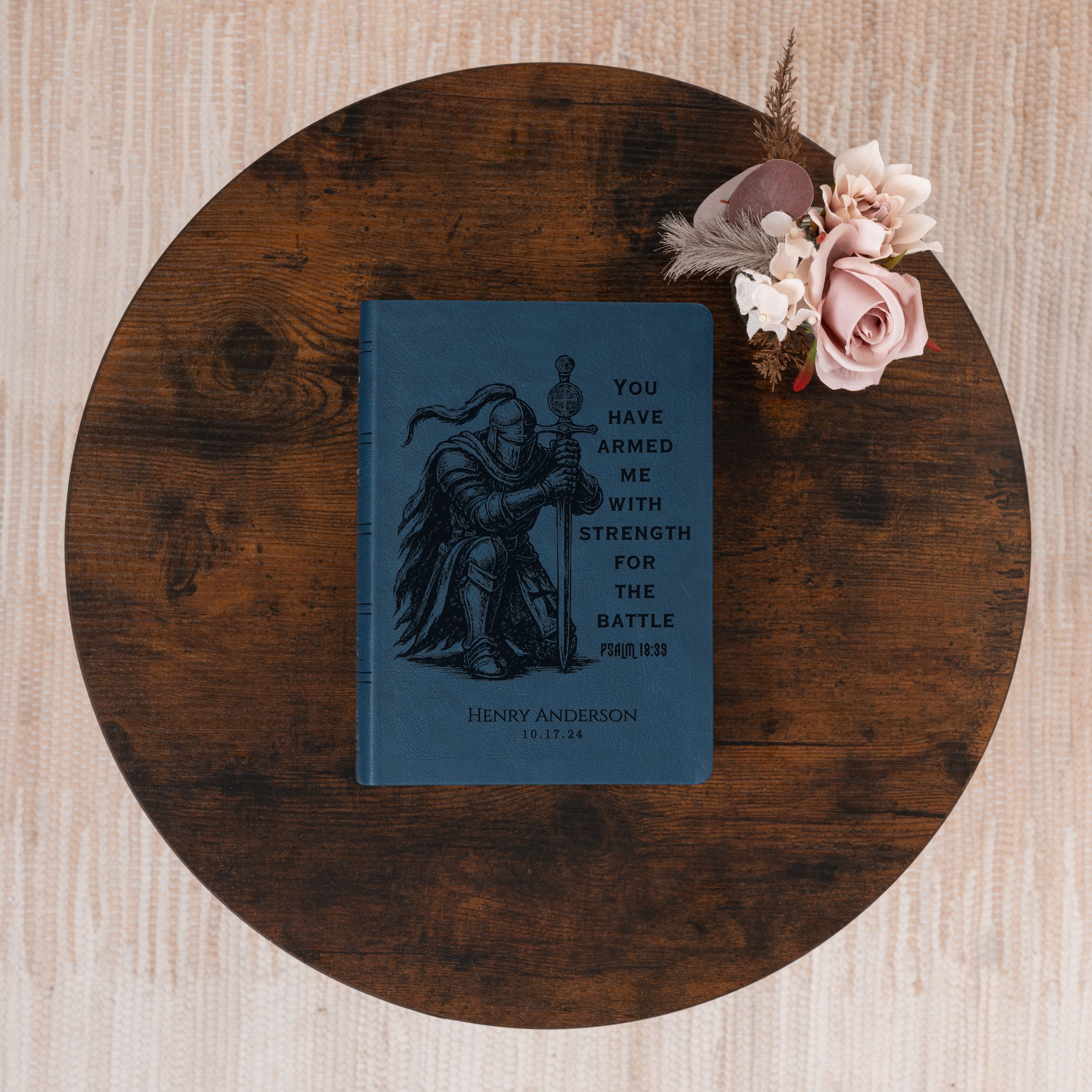 Personalized NASB Wide-Margin Bible, Knight Warrior Design, Custom Name Engraved, Christian Gift for Him