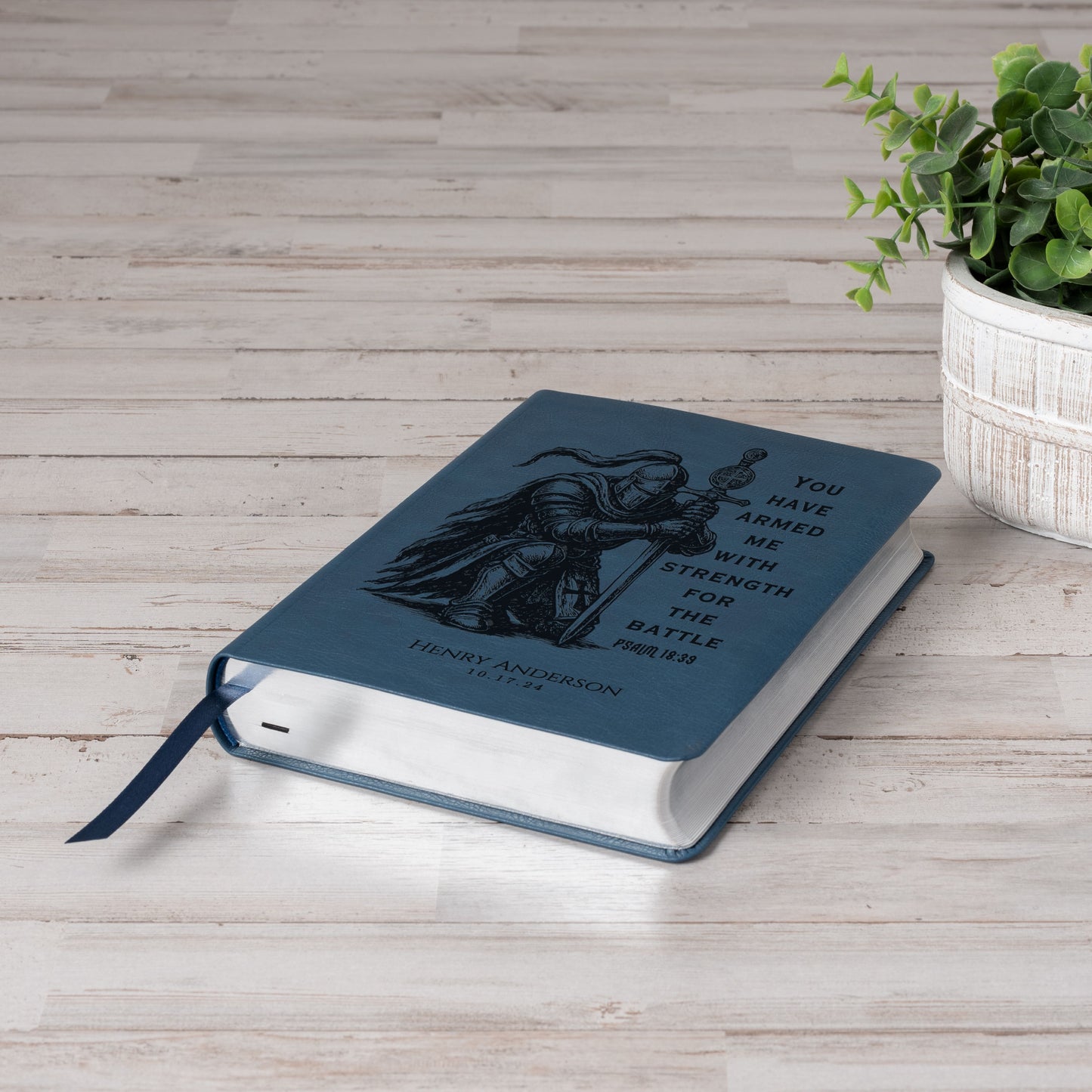 Personalized NASB Wide-Margin Bible, Knight Warrior Design, Custom Name Engraved, Christian Gift for Him