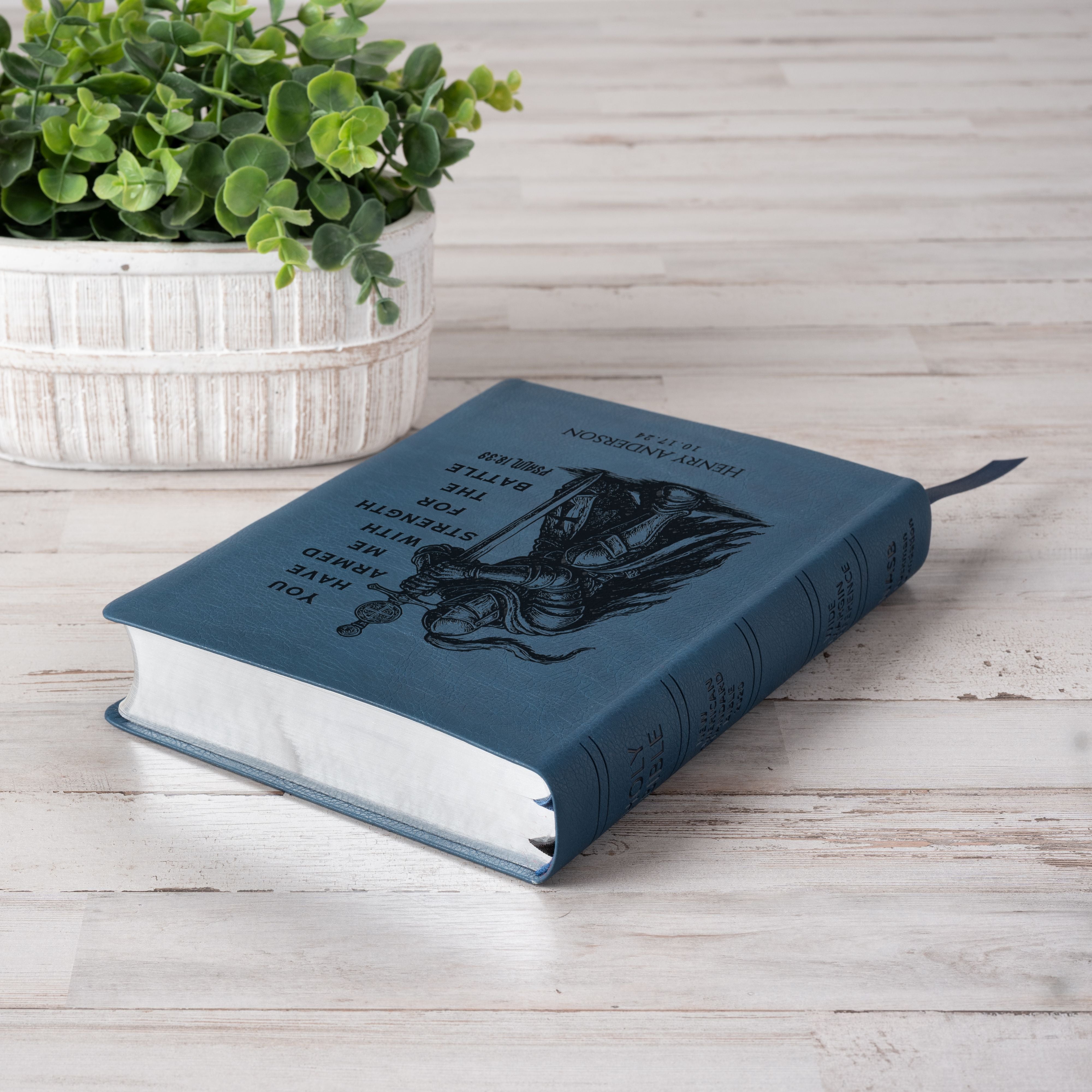 Personalized NASB Wide-Margin Bible, Knight Warrior Design, Custom Name Engraved, Christian Gift for Him