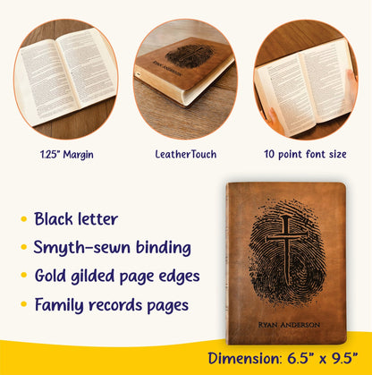 Personalized NASB 2020 Wide Margin Bible, Custom Fingerprint & Cross Design with Name Engraved, Gifts for Baptism, Wedding, and Confirmation - Religious Books - Aylev