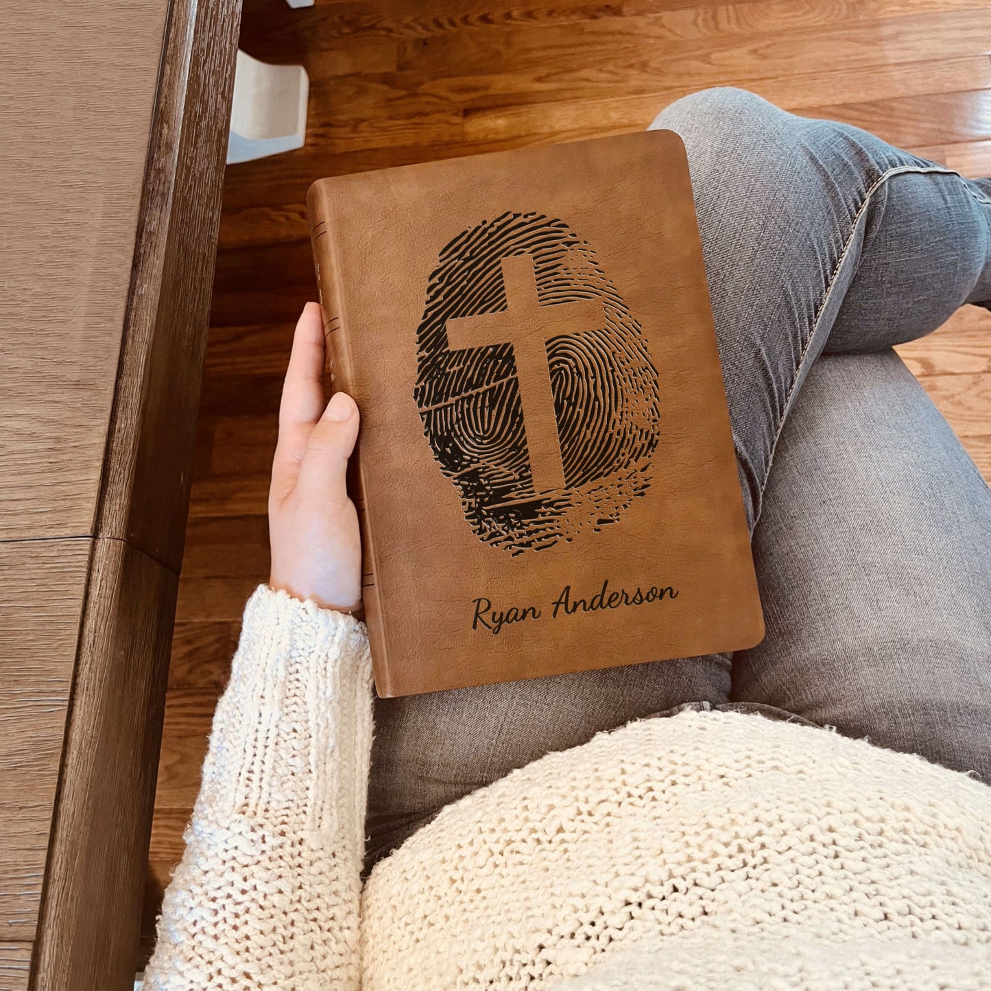 Personalized NASB 2020 Wide Margin Bible, Custom Fingerprint & Cross Design with Name Engraved, Gifts for Baptism, Wedding, and Confirmation - Aylev