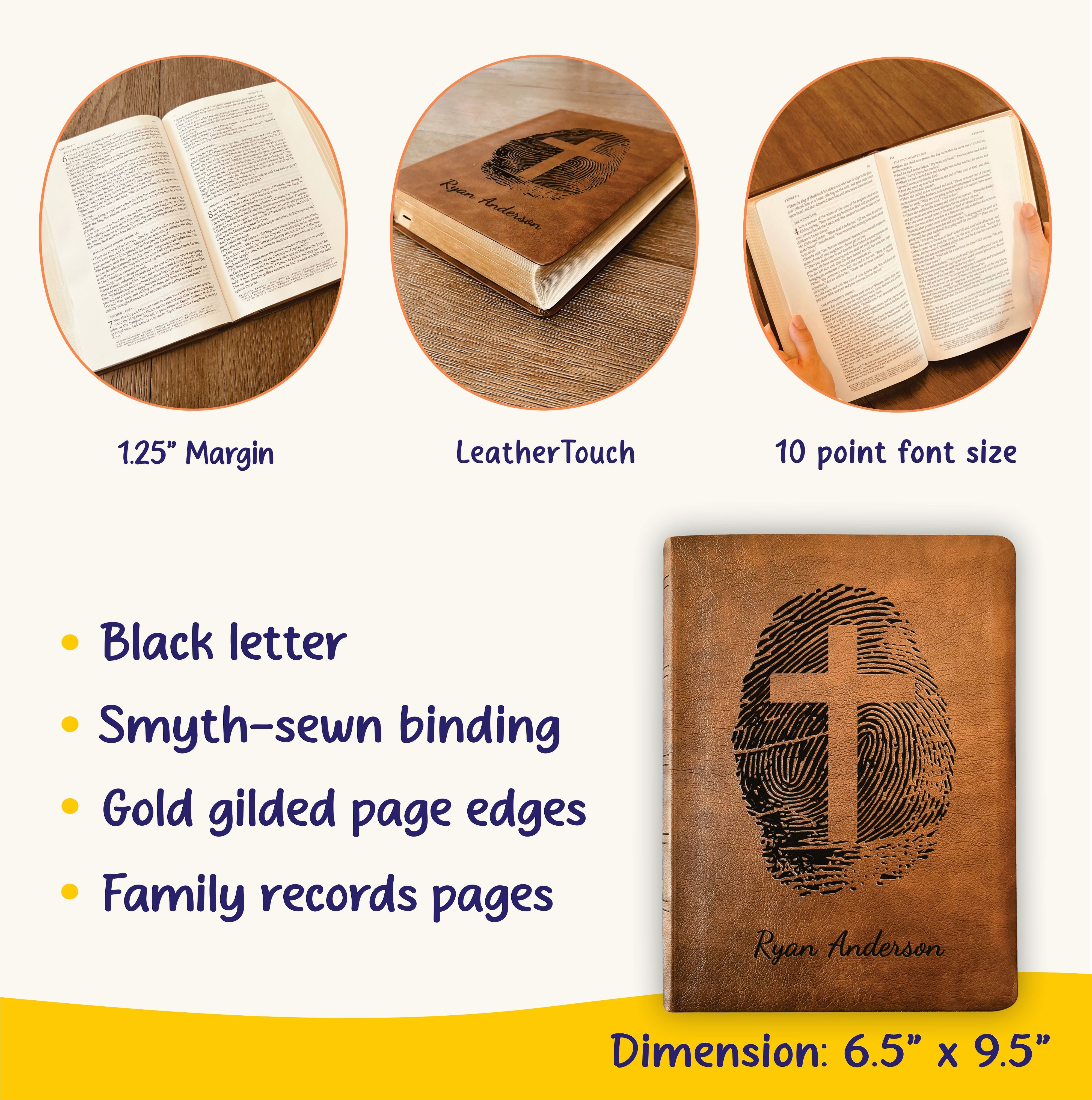 Personalized NASB 2020 Wide Margin Bible, Custom Fingerprint & Cross Design with Name Engraved, Gifts for Baptism, Wedding, and Confirmation - Aylev