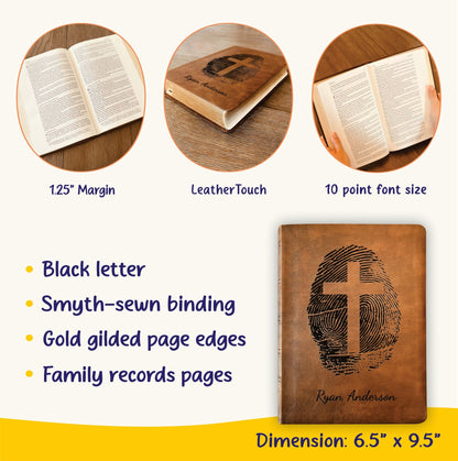 Personalized NASB 2020 Wide Margin Bible, Custom Fingerprint & Cross Design with Name Engraved, Gifts for Baptism, Wedding, and Confirmation - Religious Books - Aylev