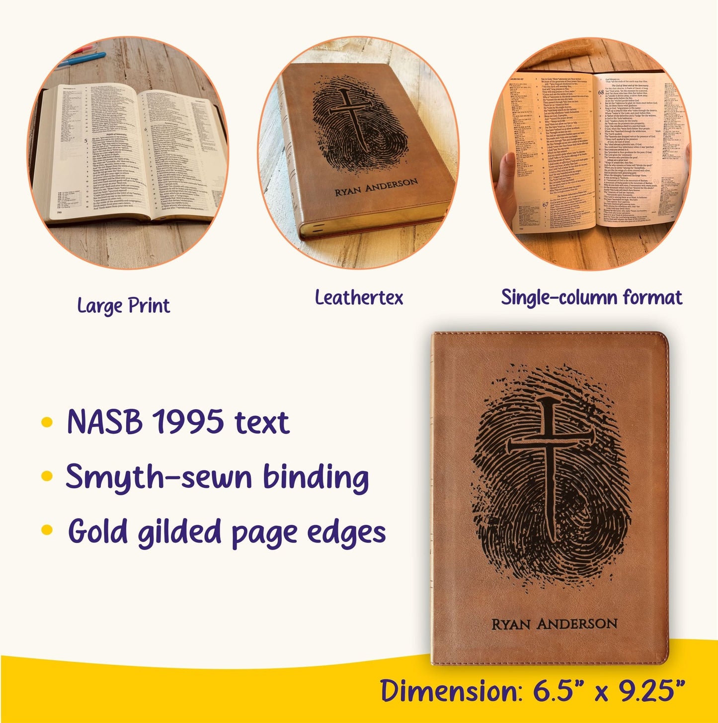 Personalized NASB 1995 Bible, Custom Fingerprint & Cross Design with Name Engraved, Side - Column Reference Bible, Gift for Baptism, Wedding - Religious Books - Aylev
