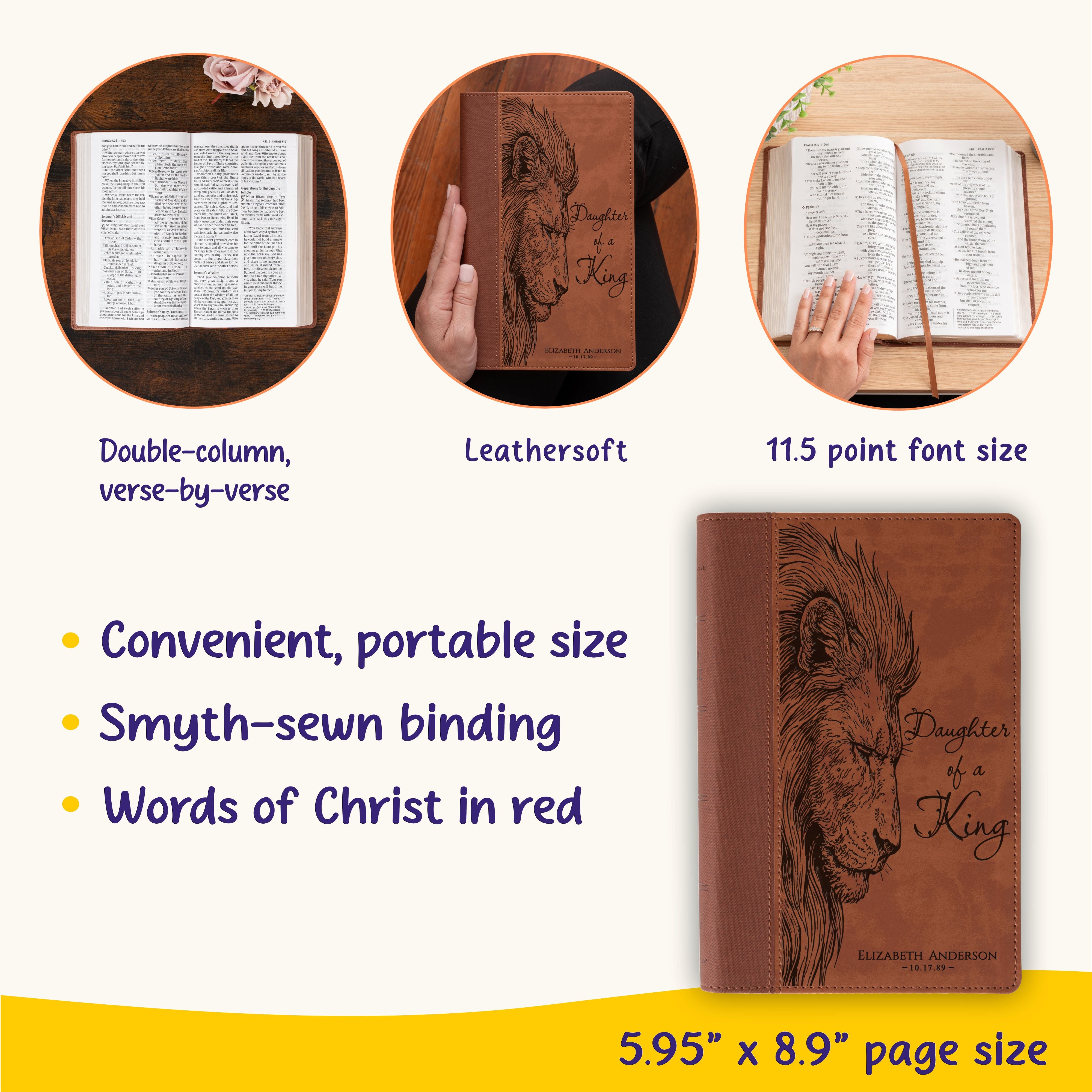 Personalized NIV Large Print Bible, Daughter of a King Lion Design, Custom Engraved Name, Christian Gift, Baptism Gift, Bible Gift for Her