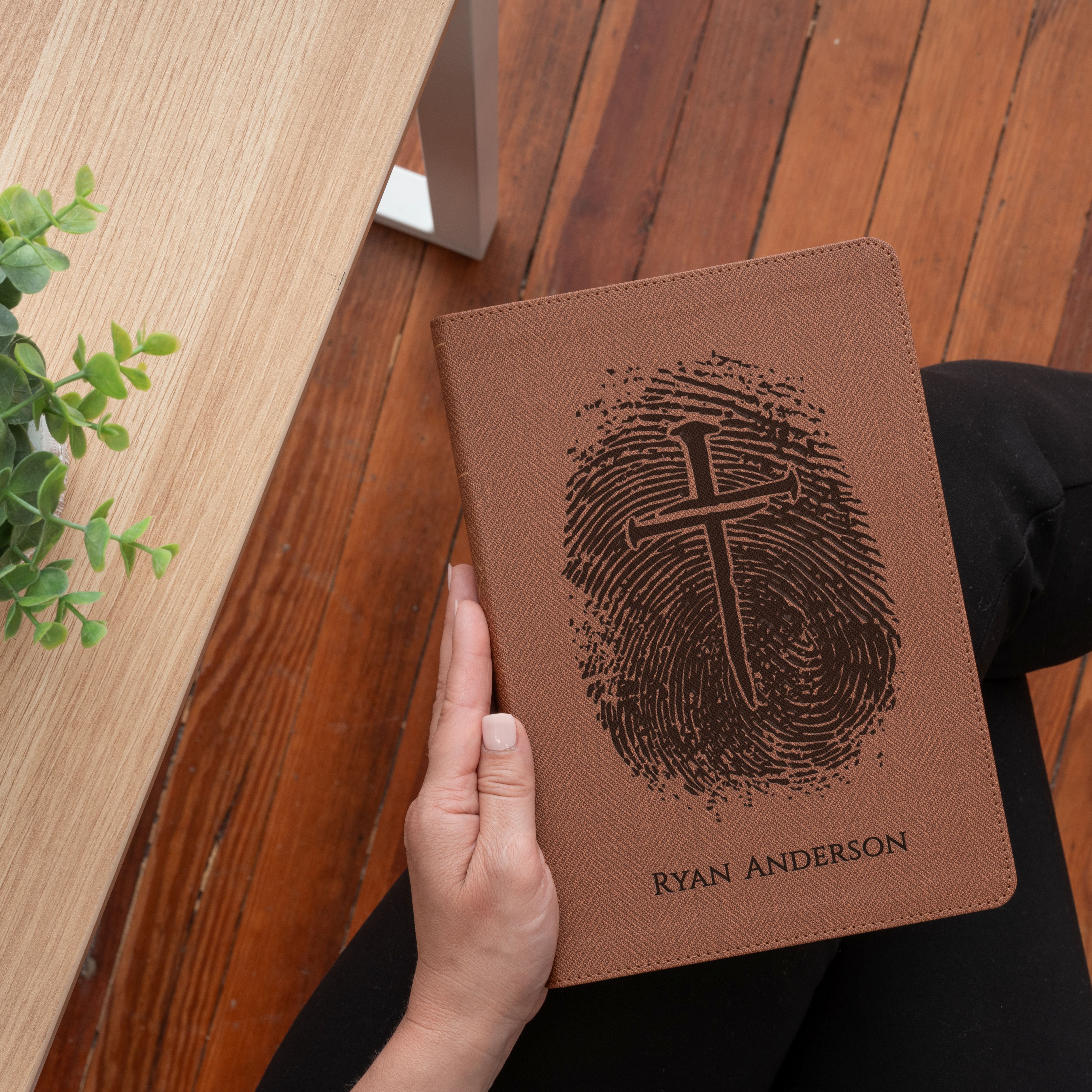 Personalized NASB Bible, Custom Fingerprint & Cross Design with Name Engraved, Thinline Passaggio, Gift for Baptism, Wedding, Confirmation