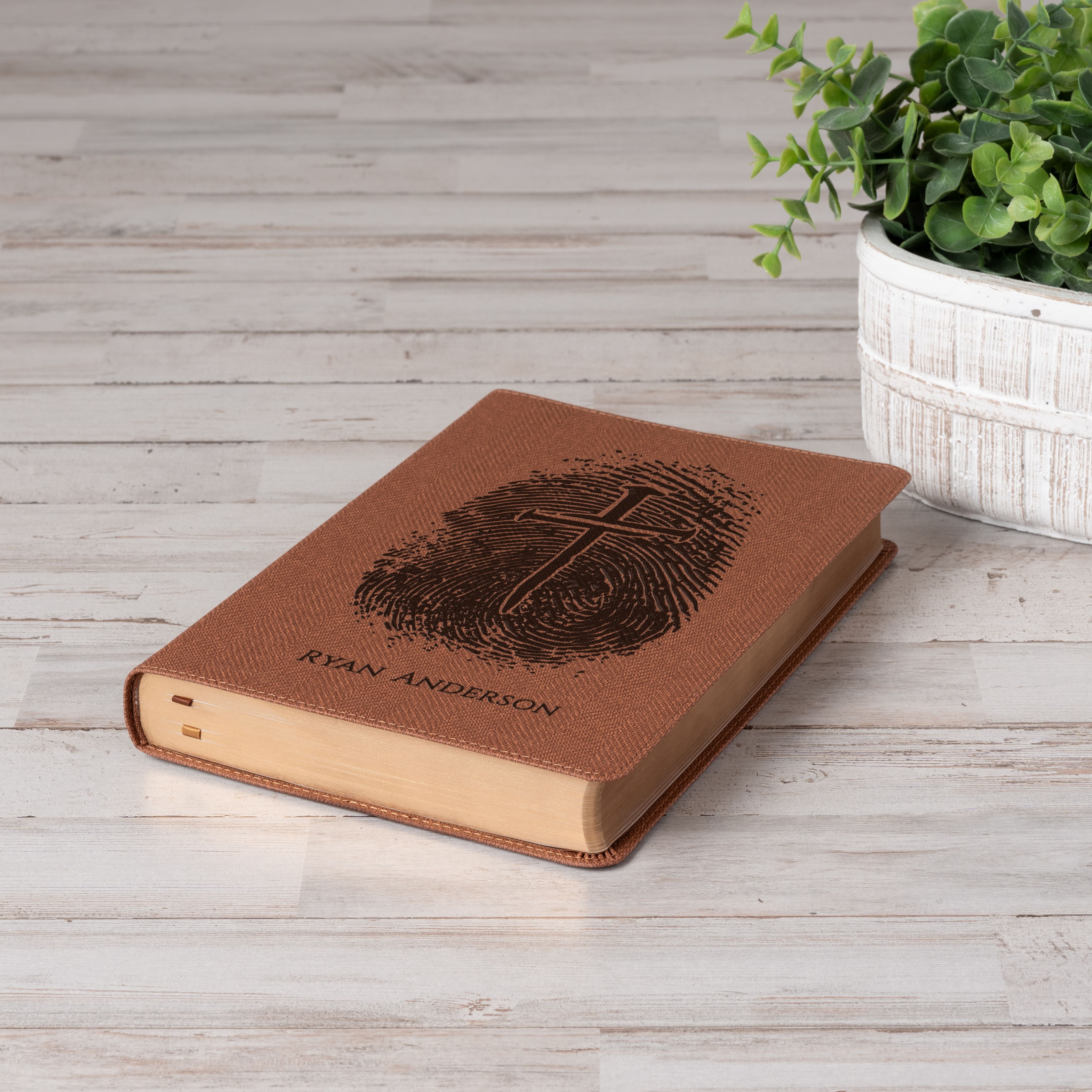 Personalized NASB Bible, Custom Fingerprint & Cross Design with Name Engraved, Thinline Passaggio, Gift for Baptism, Wedding, Confirmation