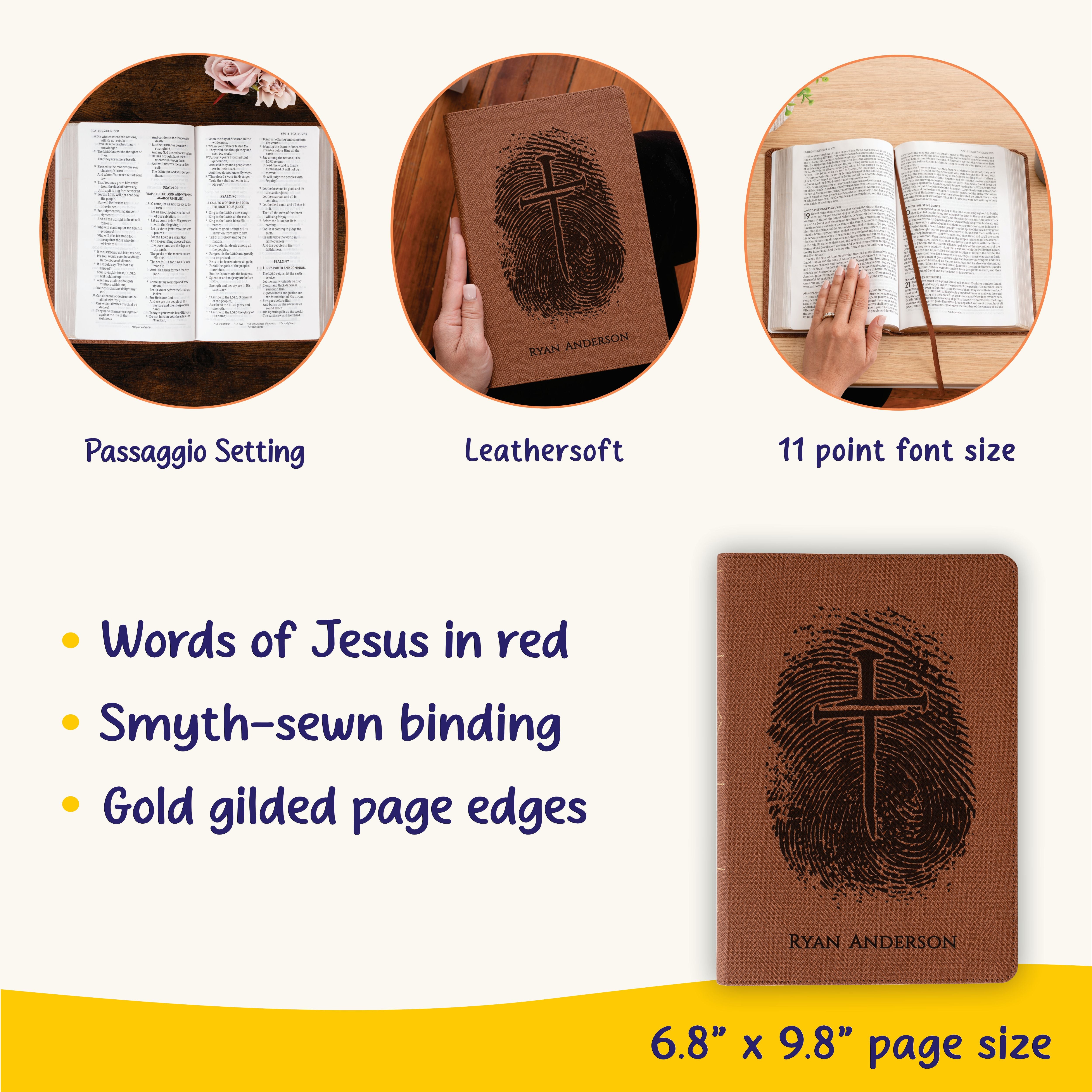 Personalized NASB Bible, Custom Fingerprint & Cross Design with Name Engraved, Thinline Passaggio, Gift for Baptism, Wedding, Confirmation