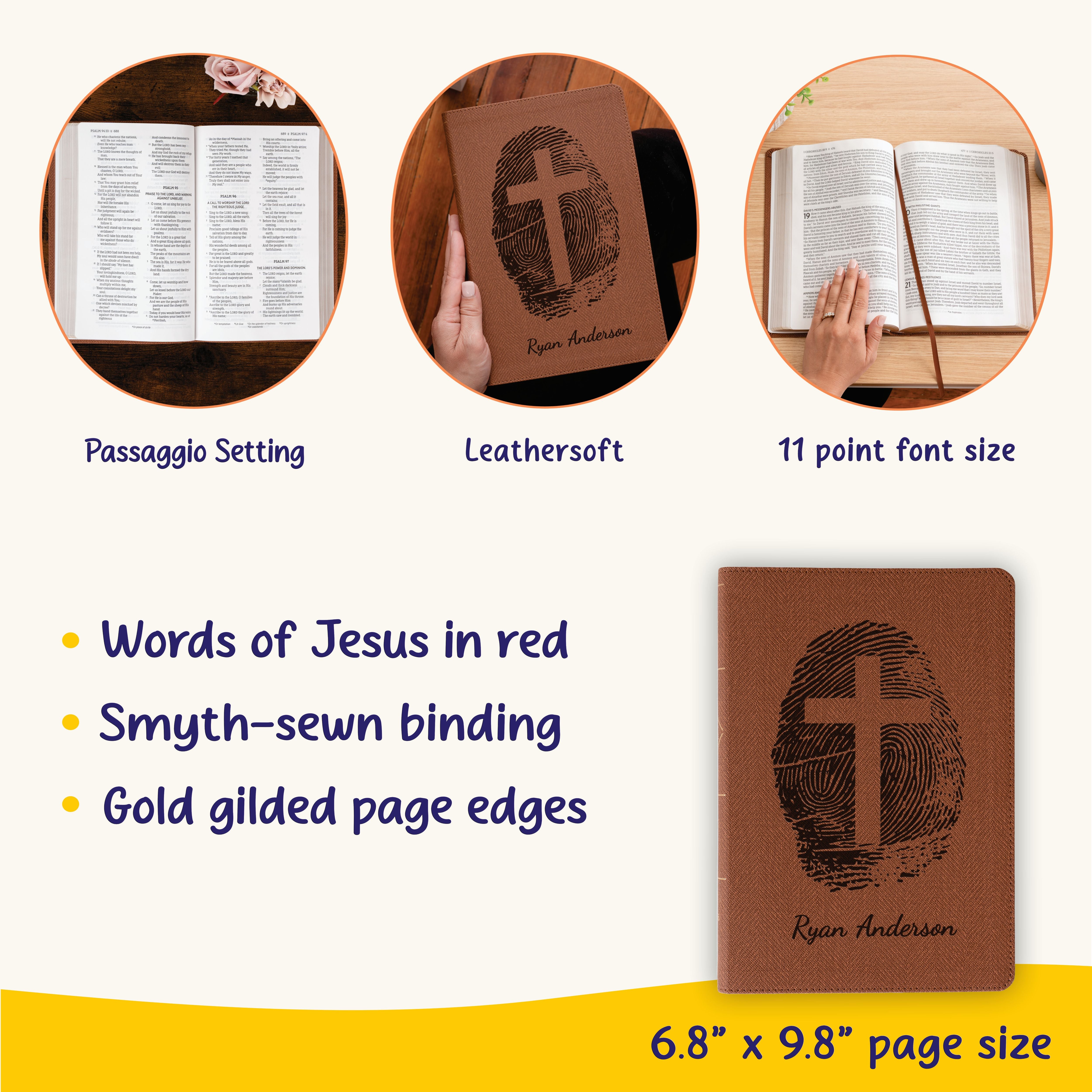 Personalized NASB Bible, Custom Fingerprint & Cross Design with Name Engraved, Thinline Passaggio, Gift for Baptism, Wedding, Confirmation