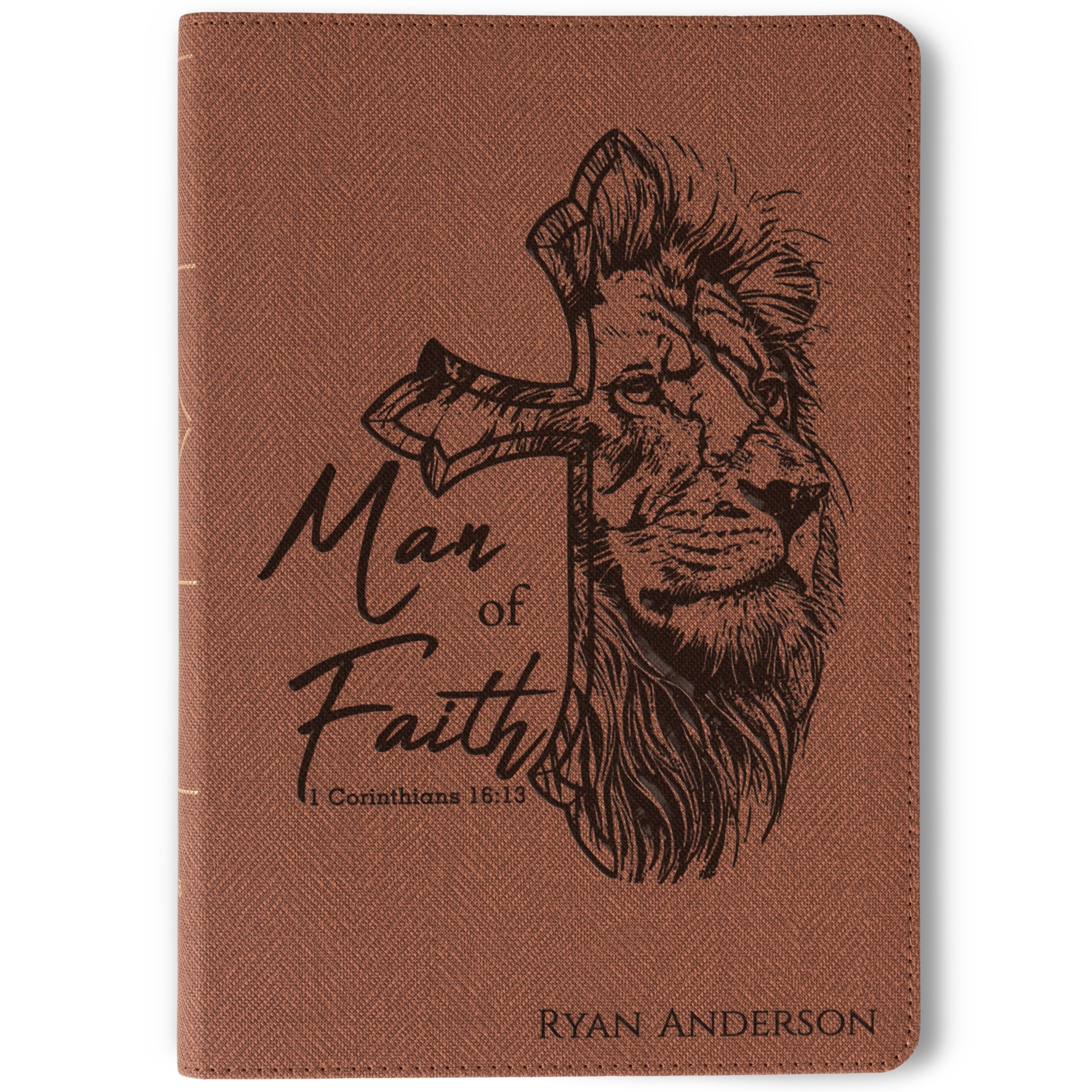 Personalized NASB Bible, Man of Faith Lion Design, Custom Engraved Name, Christian & Baptism Gift