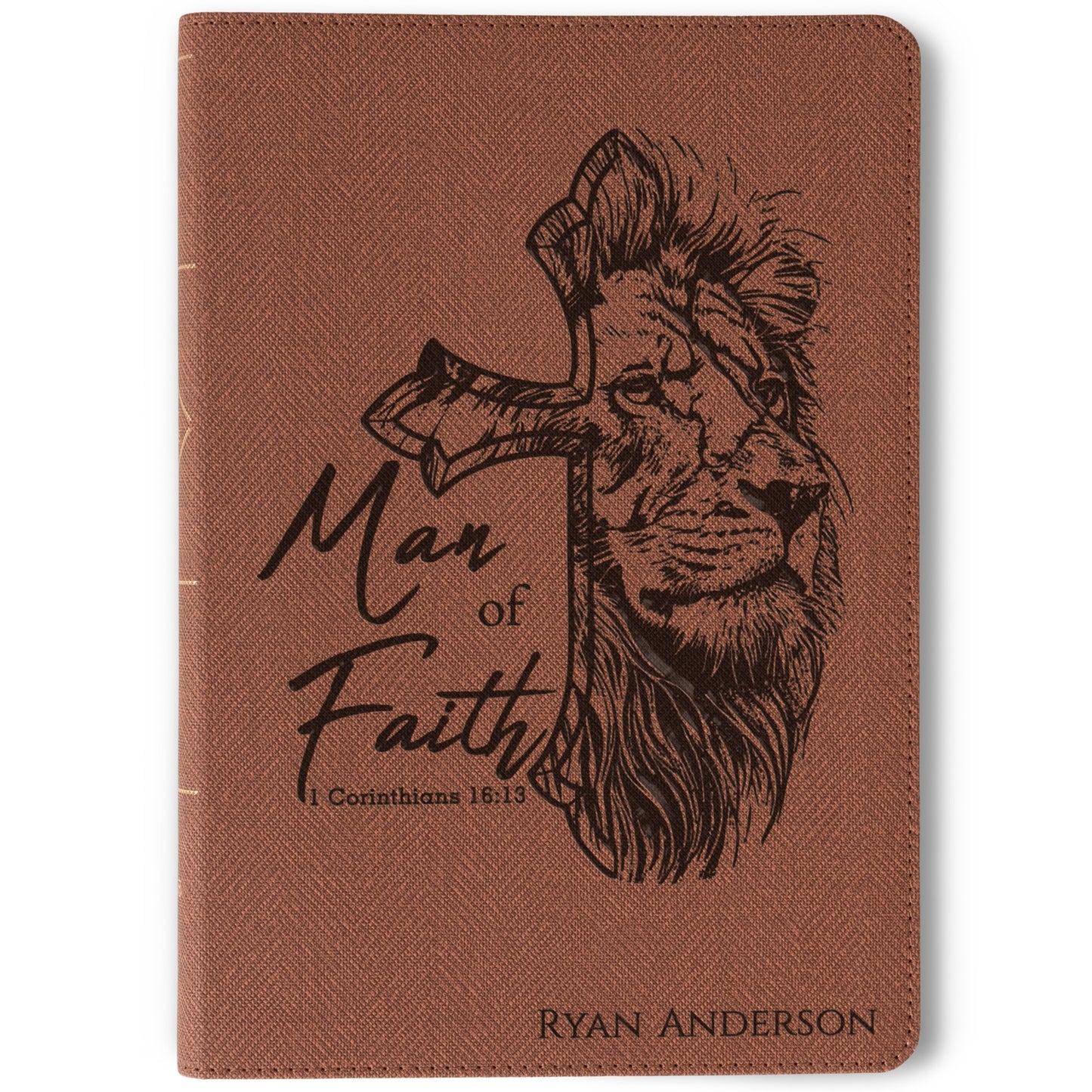 Personalized NASB Bible, Man of Faith Lion Design, Custom Engraved Name, Christian & Baptism Gift