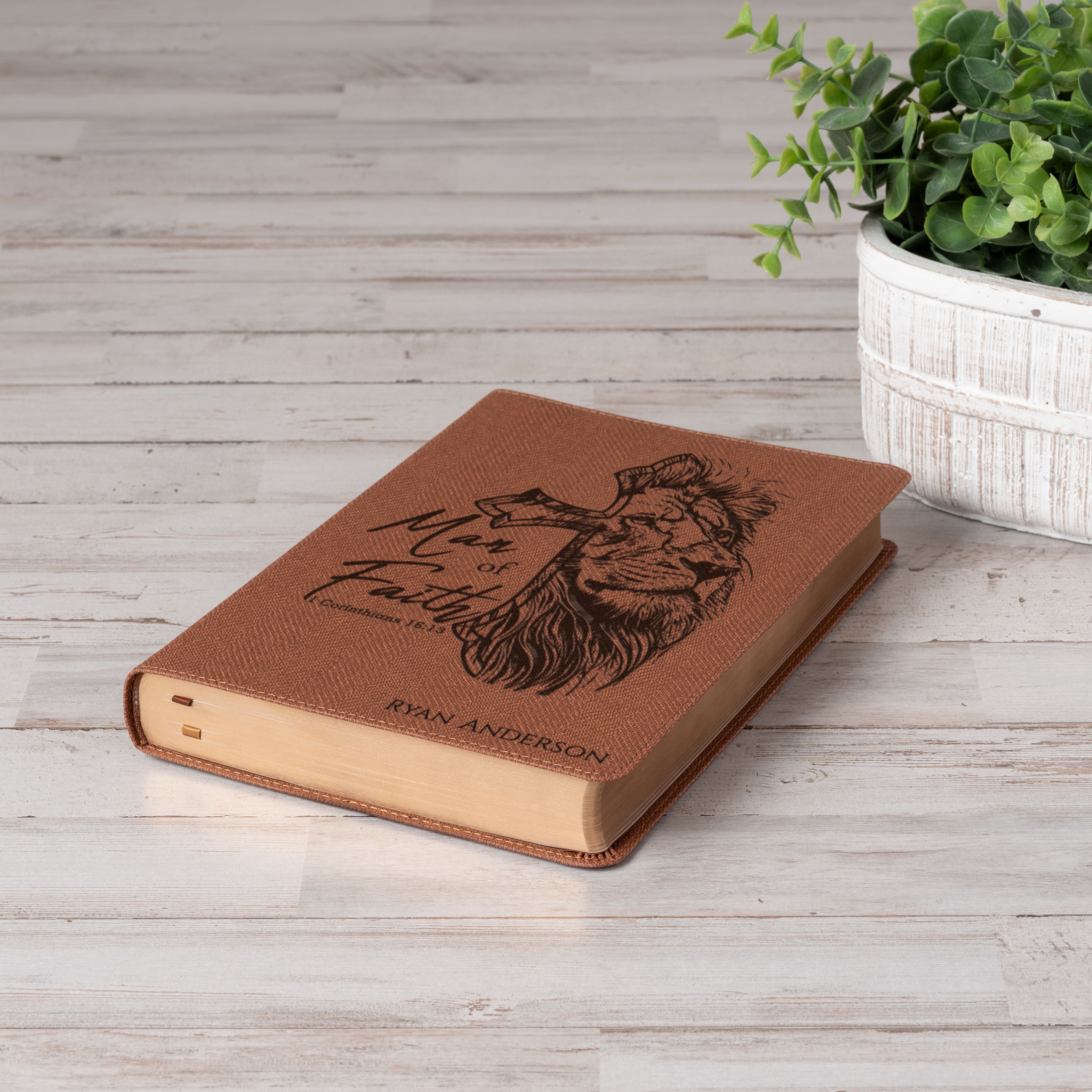 Personalized NASB Bible, Man of Faith Lion Design, Custom Engraved Name, Christian & Baptism Gift